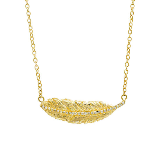 Small Feather Necklace Pendant Elisabeth Bell Jewelry Yellow Gold  