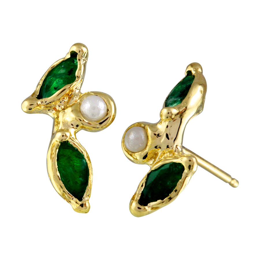 Emerald Two Leaf and Pearl Stud, Yellow Gold, Single Studs Jaine K Designs   