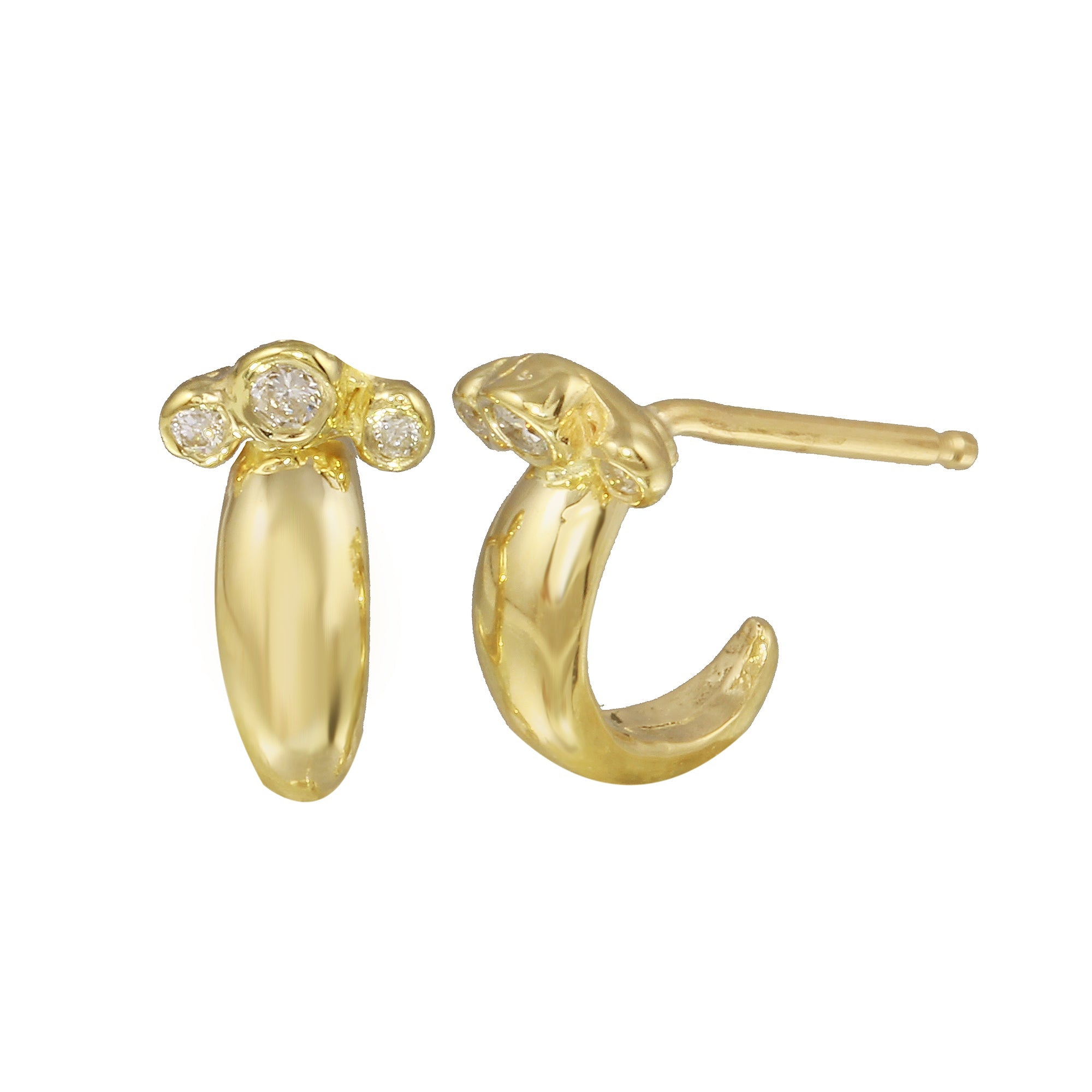 Thick Tri-Dot Diamond Half Hoop Stud Yellow Gold Stud Earrings Jaine K Designs   