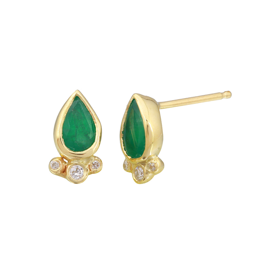 Tear Drop Emerald with Triple Diamond Stud, Yellow Gold Stud Jaine K Designs   