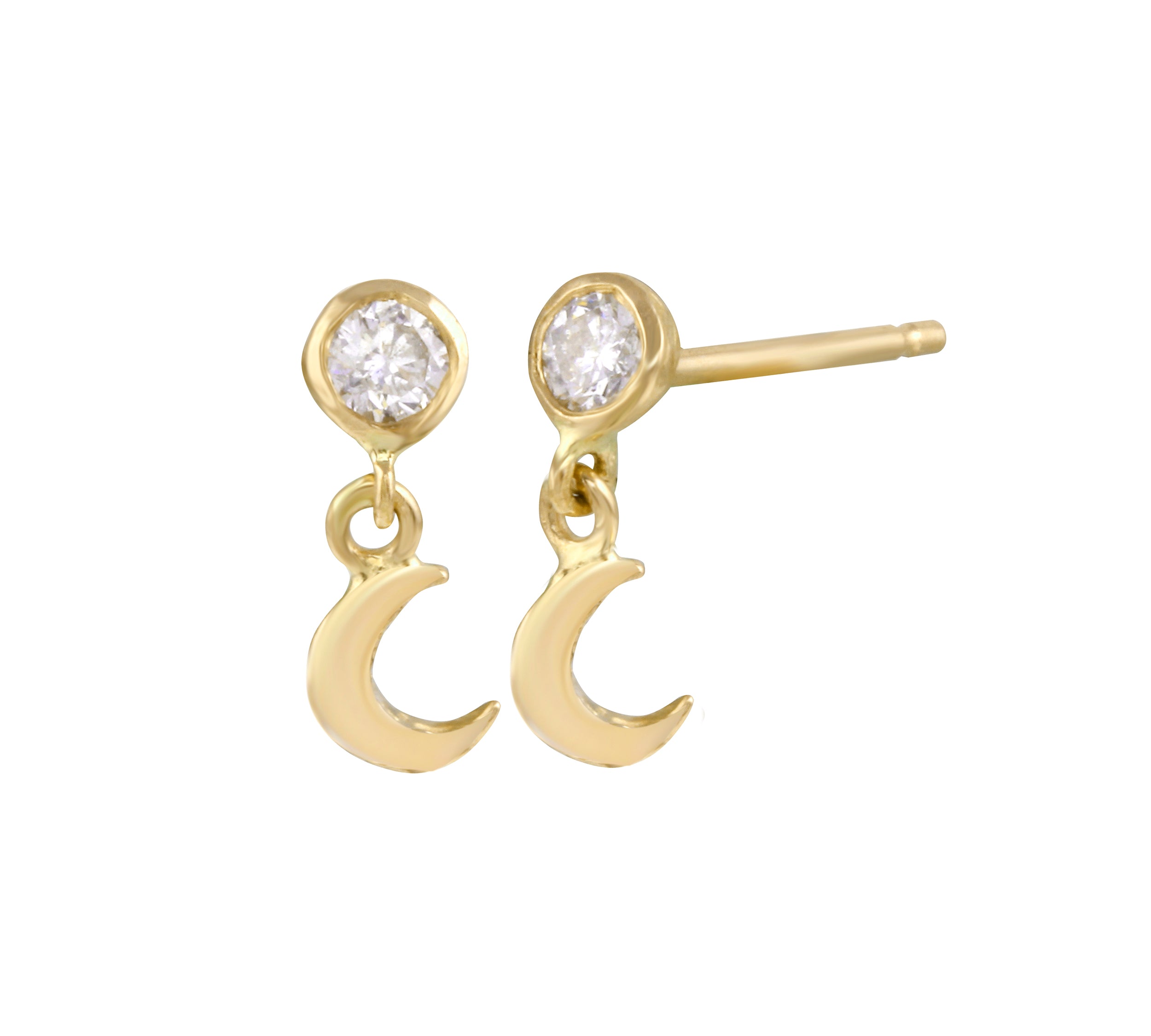 14k Gold and Diamond Bezel Moon Dangle Stud Stud Earrings Jaine K Designs Yellow Gold  