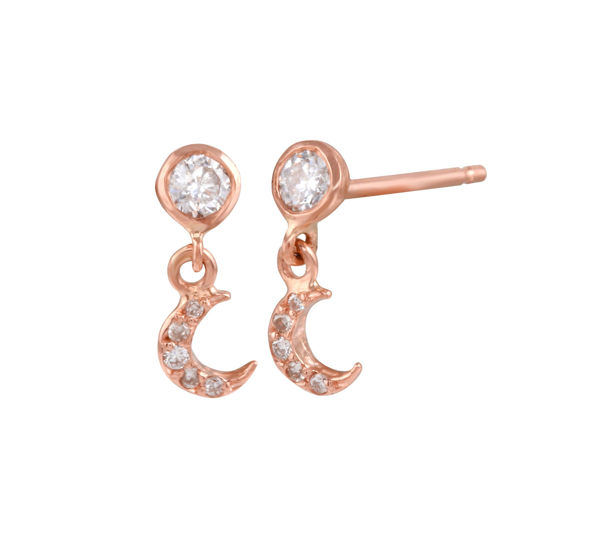 Crescent Moon Pave Dangle Earring Drop Earrings Jaine K Designs Rose Gold  