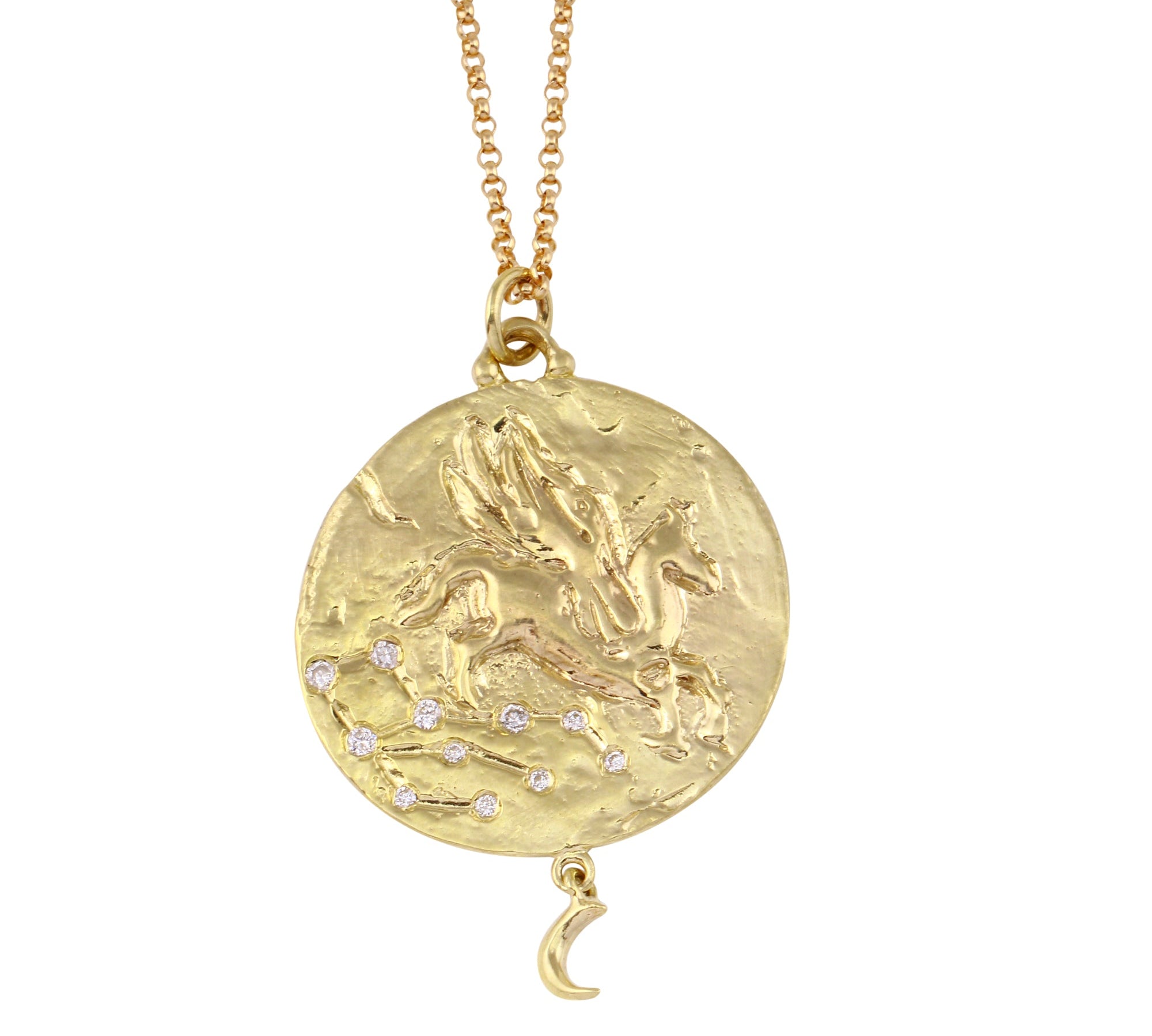 14k Yellow Gold Pegasus with Moon Necklace Pendant Jaine K Designs   