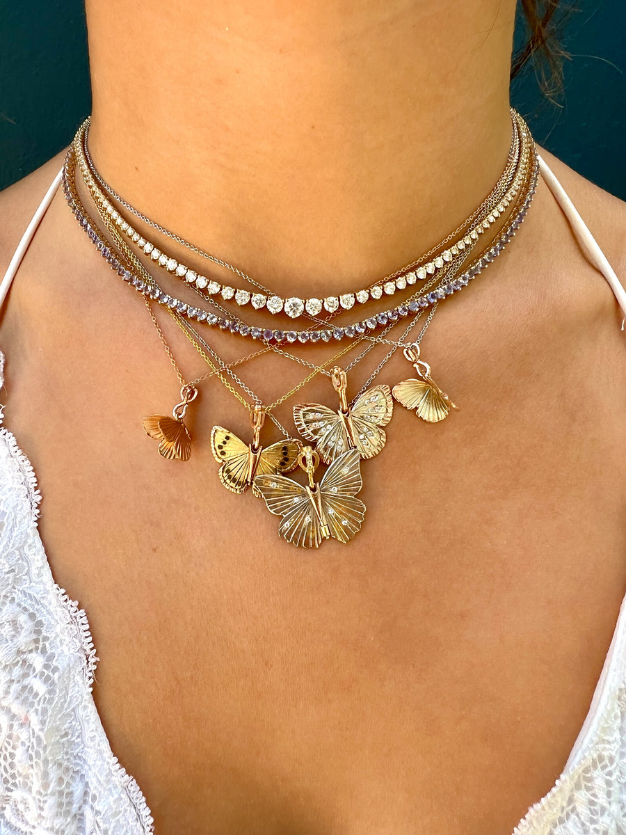 White Watercolor Buckeye Butterfly Necklace with Pave Diamonds Pendant James Banks Design   