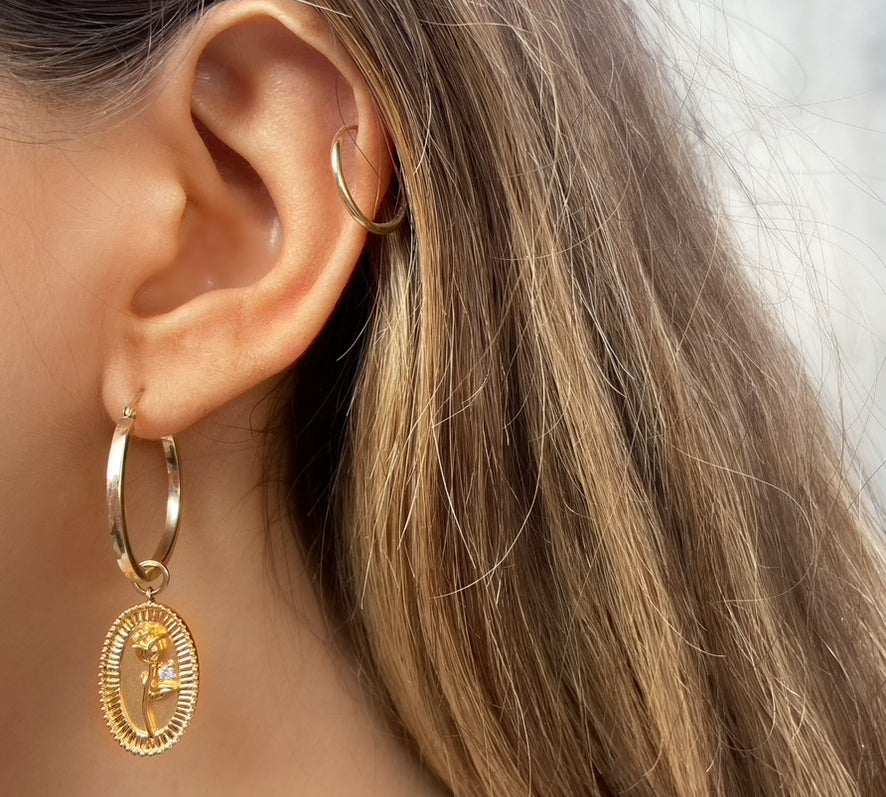 Dangling Rose Hoops, Yellow Gold Hoops Helena Rose Jewelry   
