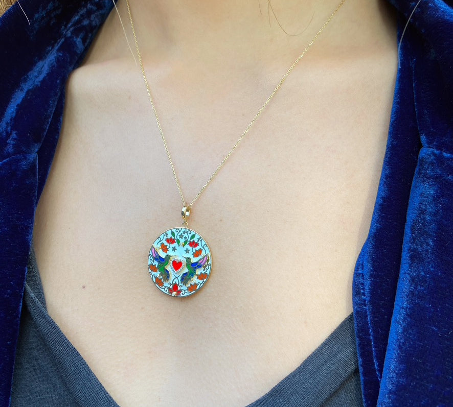 Hummingbird Heart Necklace, Colored Enamel, White Diamonds, Yellow Gold Pendant Latelier Nawbar   