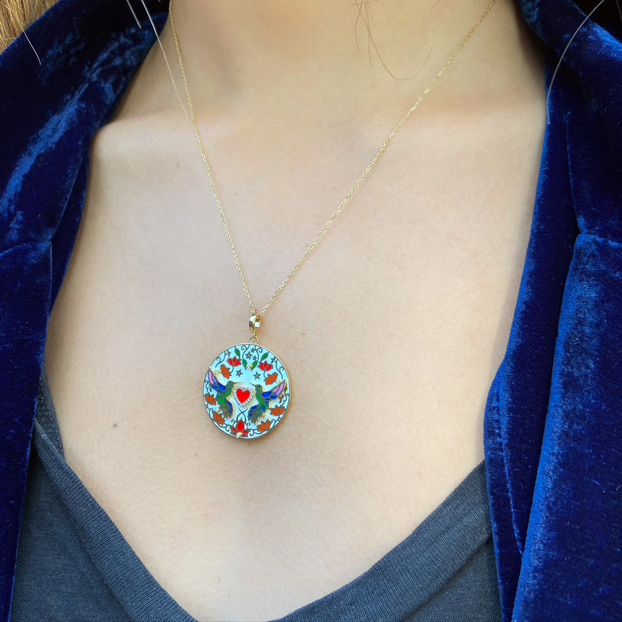 Hummingbird Heart Necklace, Colored Enamel, White Diamonds, Yellow Gold Pendant Latelier Nawbar   