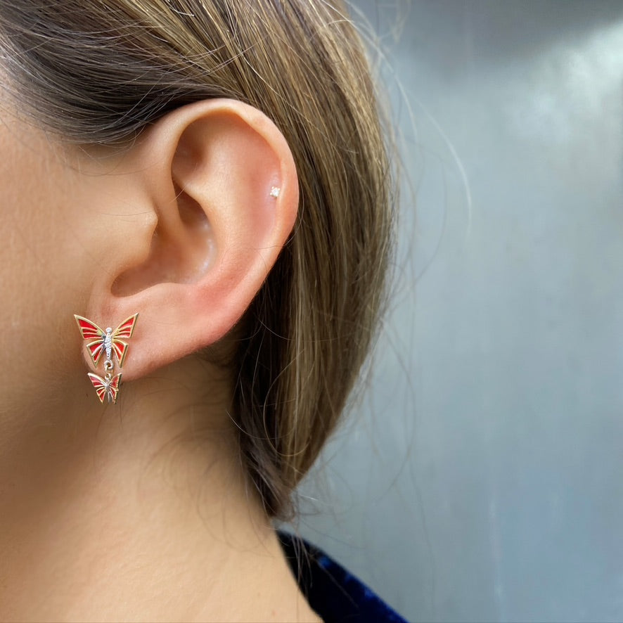 Red Enamel Butterfly Earrings, White Diamonds,Yellow Gold Studs Falamank   