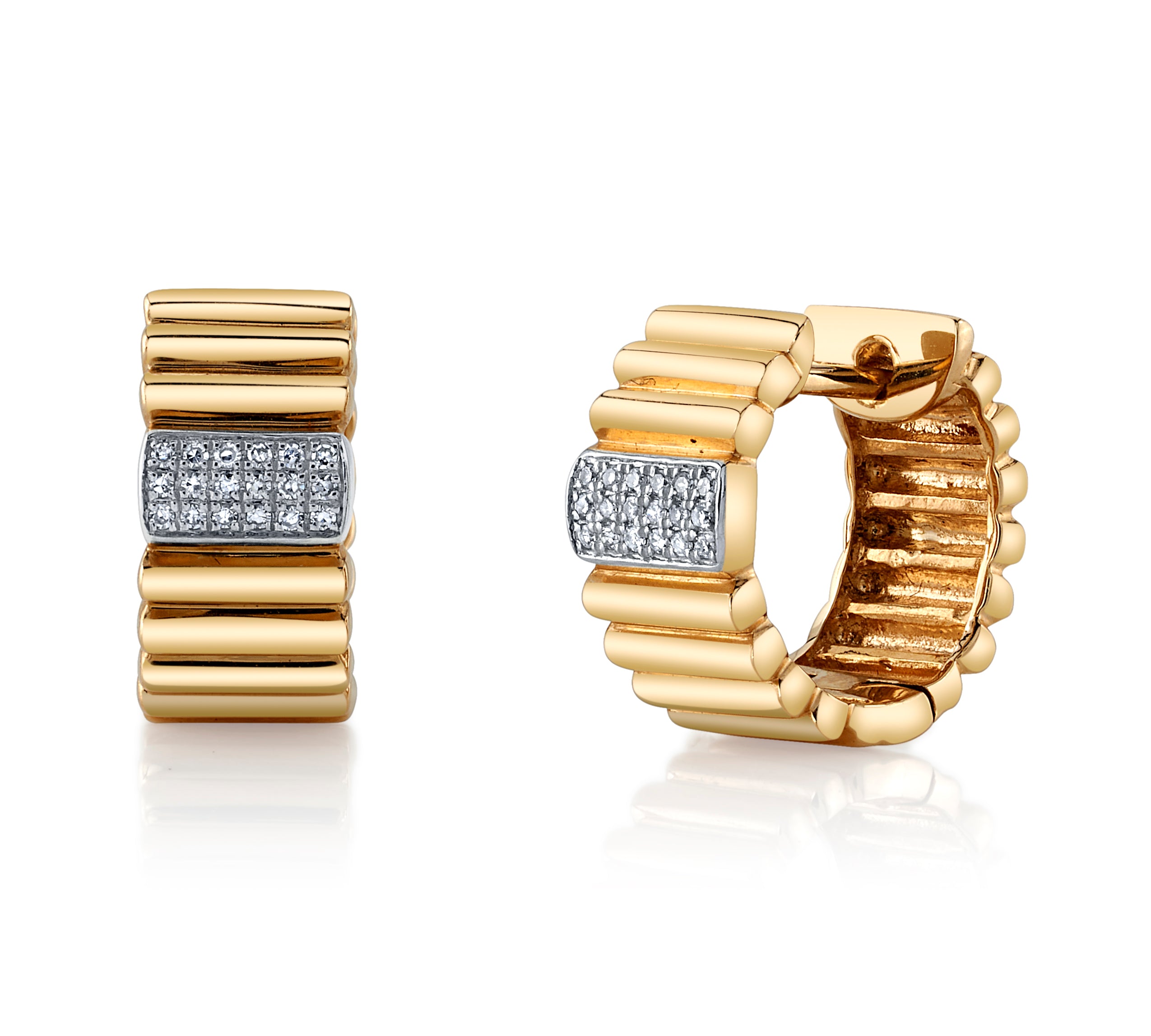 Grooved Gold Hoops with Pave Diamonds Hoops Roseark Deux   