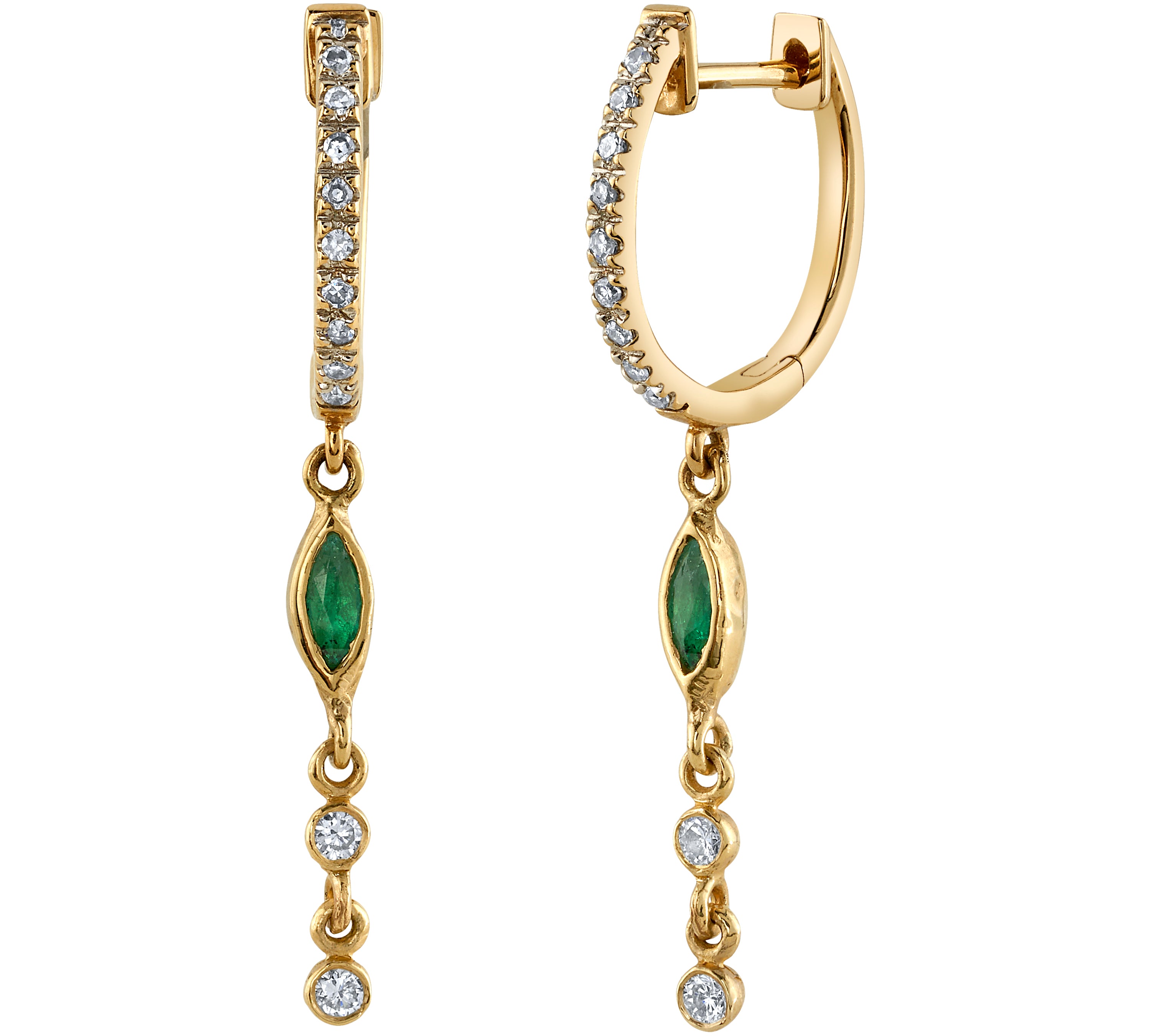 Emerald and Diamond Drop Huggies Drop Earrings Jaine K Designs   