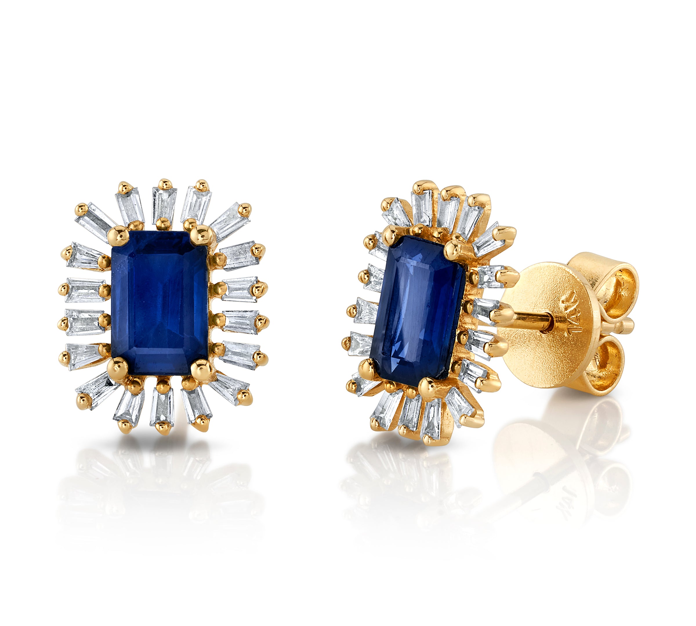 Baguette Diamond and Blue Sapphire Stud Stud Earrings Roseark Deux   