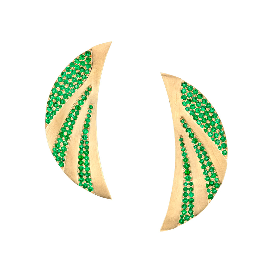 Crescent Moon Earrings Studs Tracee Nichols Yellow Gold with Emeralds  