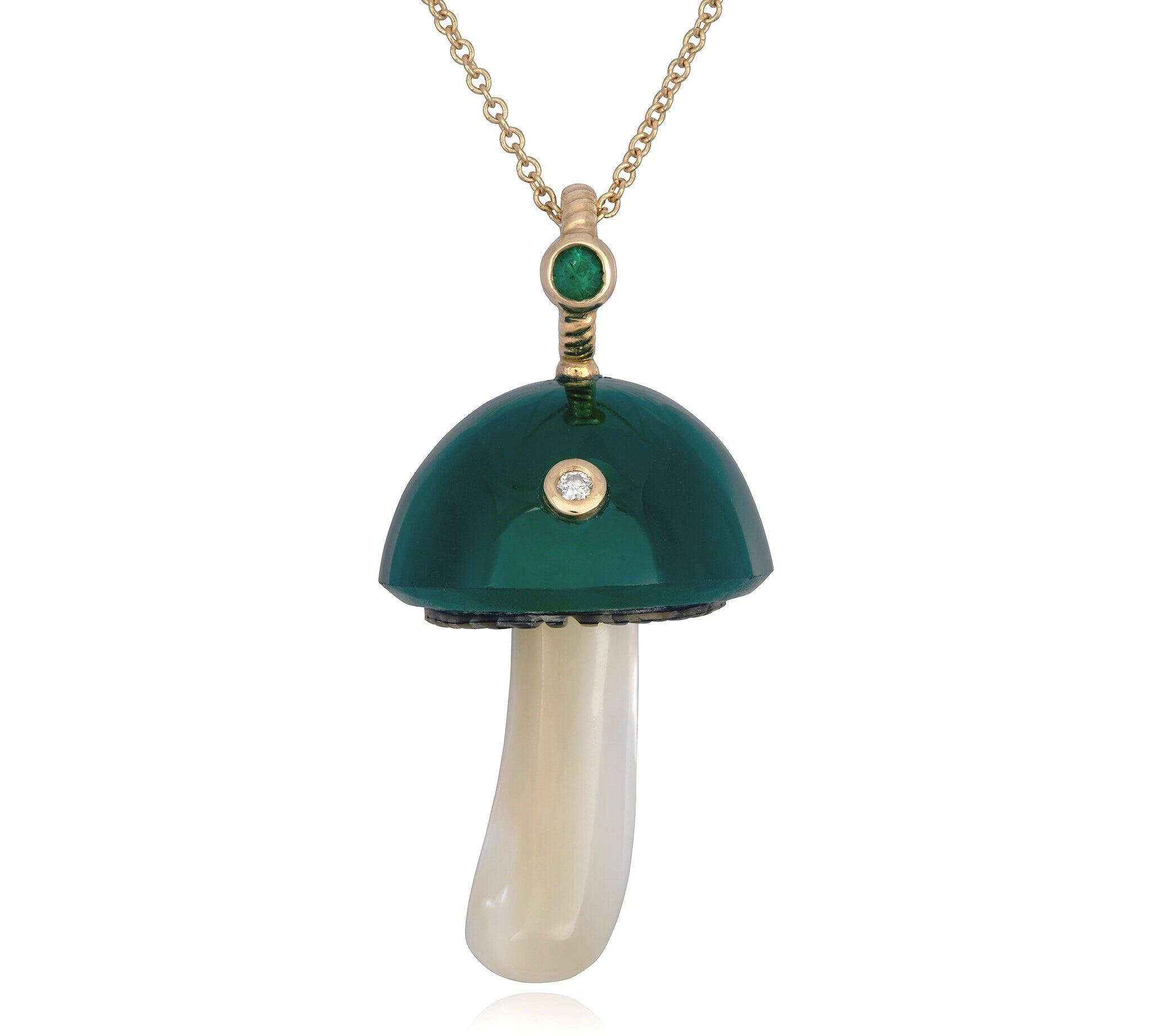Green Chalcedony Mushroom Charm with Emerald and Diamond Charm Maura Green   