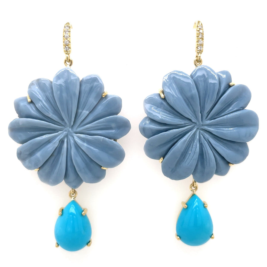 Carved Blue Opal Flower and Turquoise Joyce Earrings Drop Lauren K Fine Jewelry   