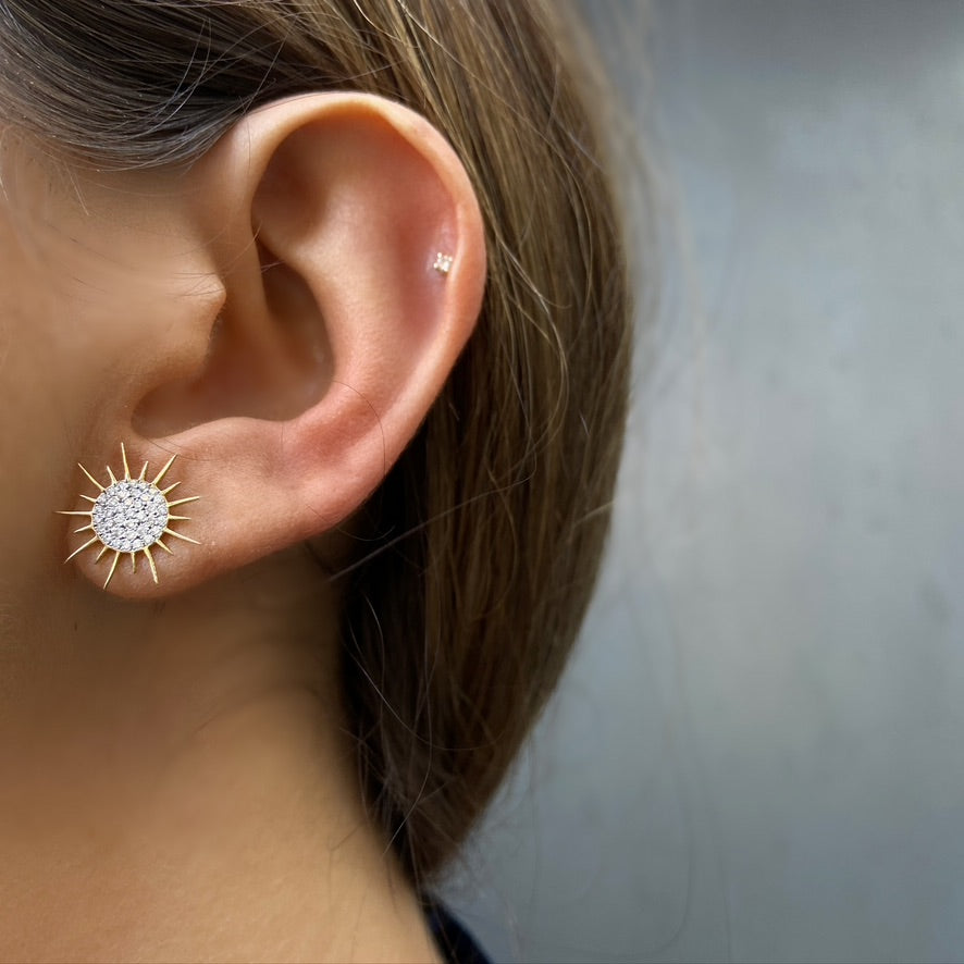 Soleil Earrings, White Diamonds, Yellow Gold Studs Falamank   