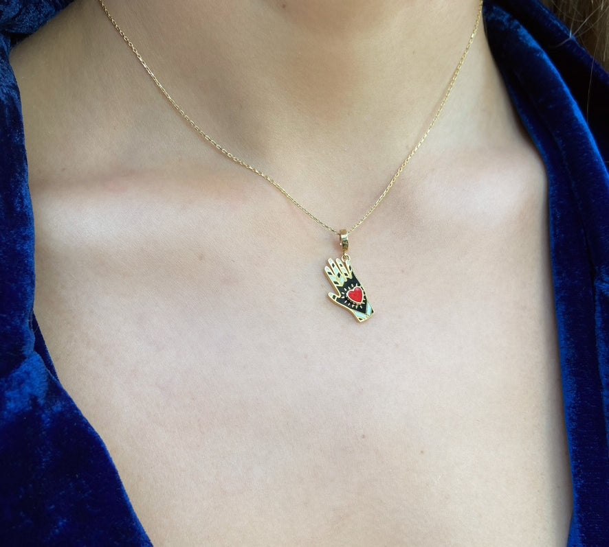 Heart Hand Pendant Necklace, Colored Enamel, Yellow Gold Pendant Latelier Nawbar   