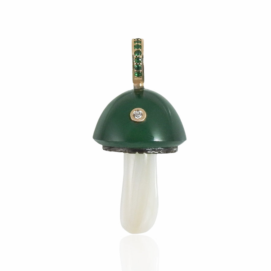 Dark Green Chalcedony Mushroom Charm in Gold with Emeralds and Diamond Charm Maura Green   