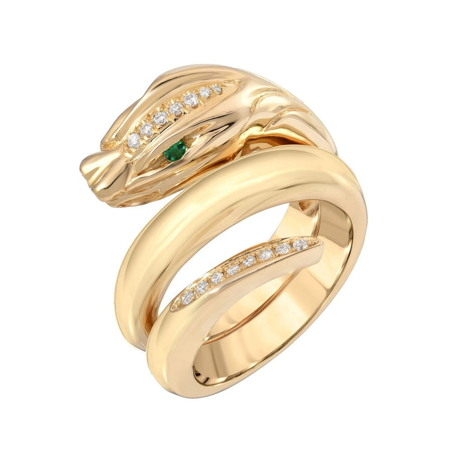 Coiled Serpent Ring Statement House of RAVN Yellow Gold/Diamonds/Emeralds  