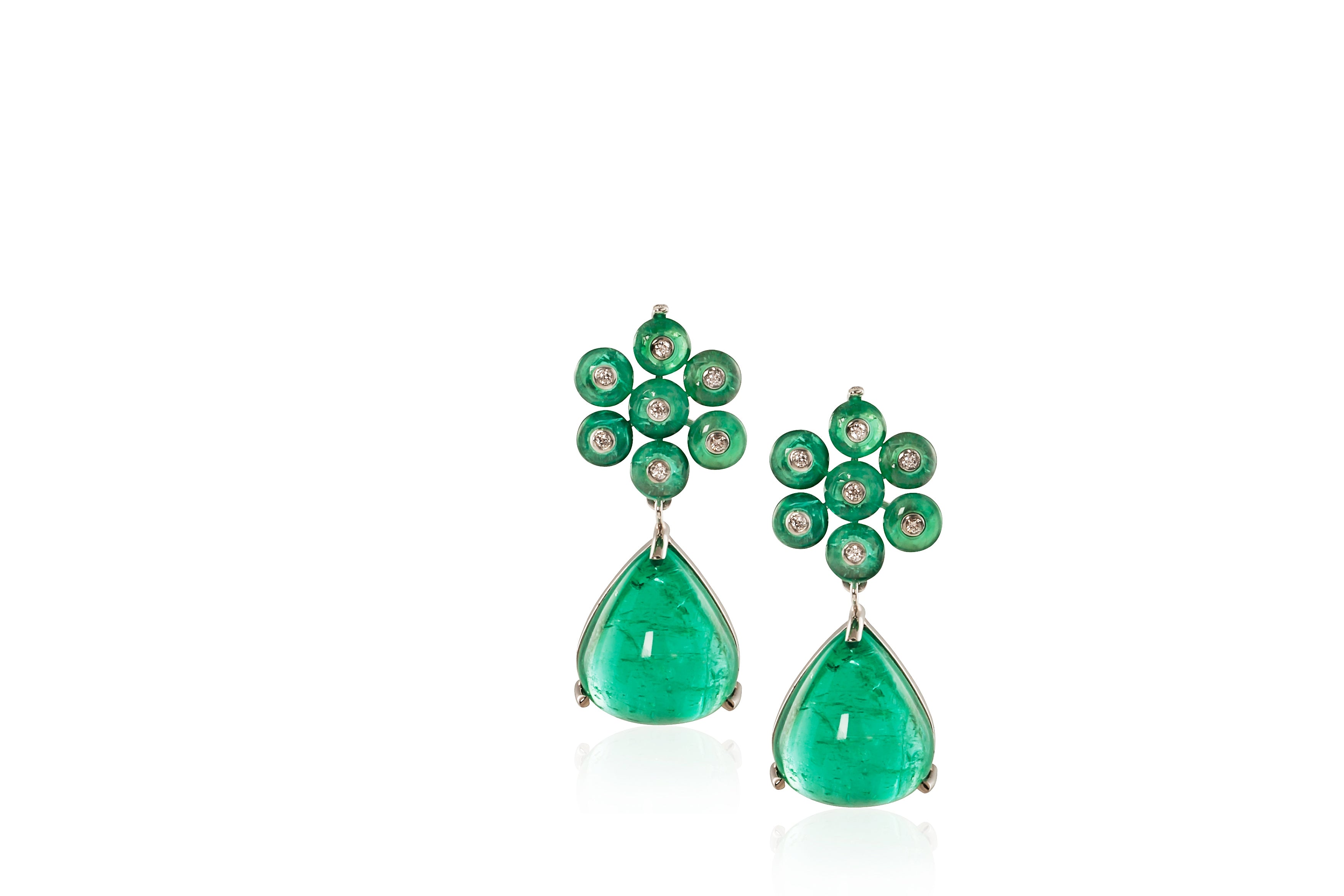 G-One Emerald and Cabochon Flower Earrings Drop Goshwara   