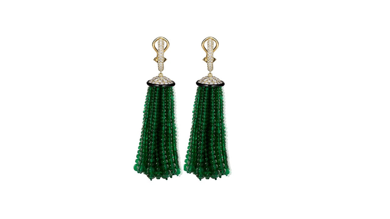 G-One Emerald Tassel Huggie Earrings, 1.5 inches Earrings Goshwara   