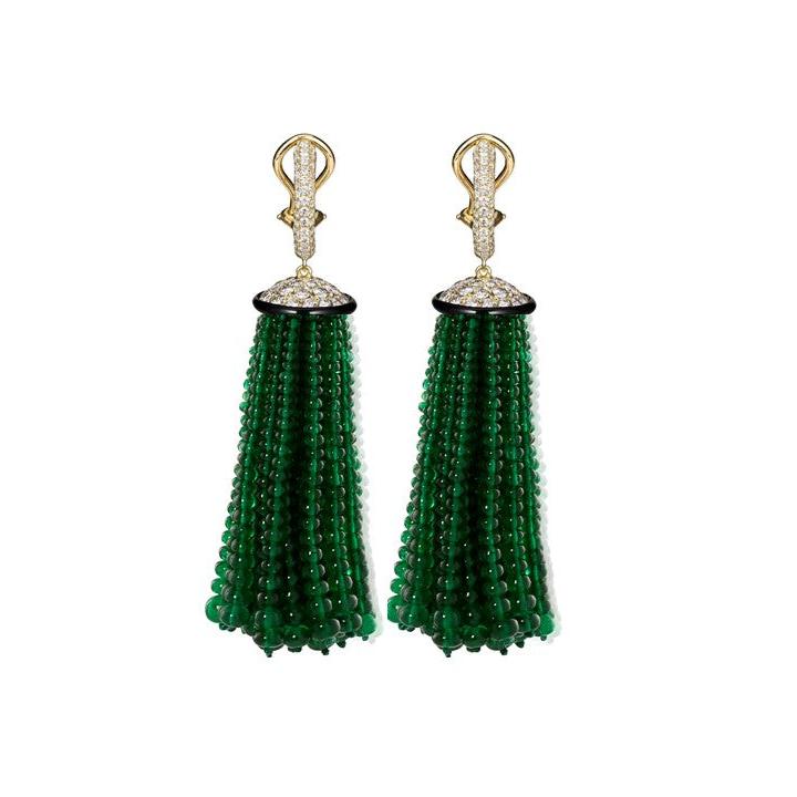 G-One Emerald Tassel Huggie Earrings, 1.5 inches Earrings Goshwara   