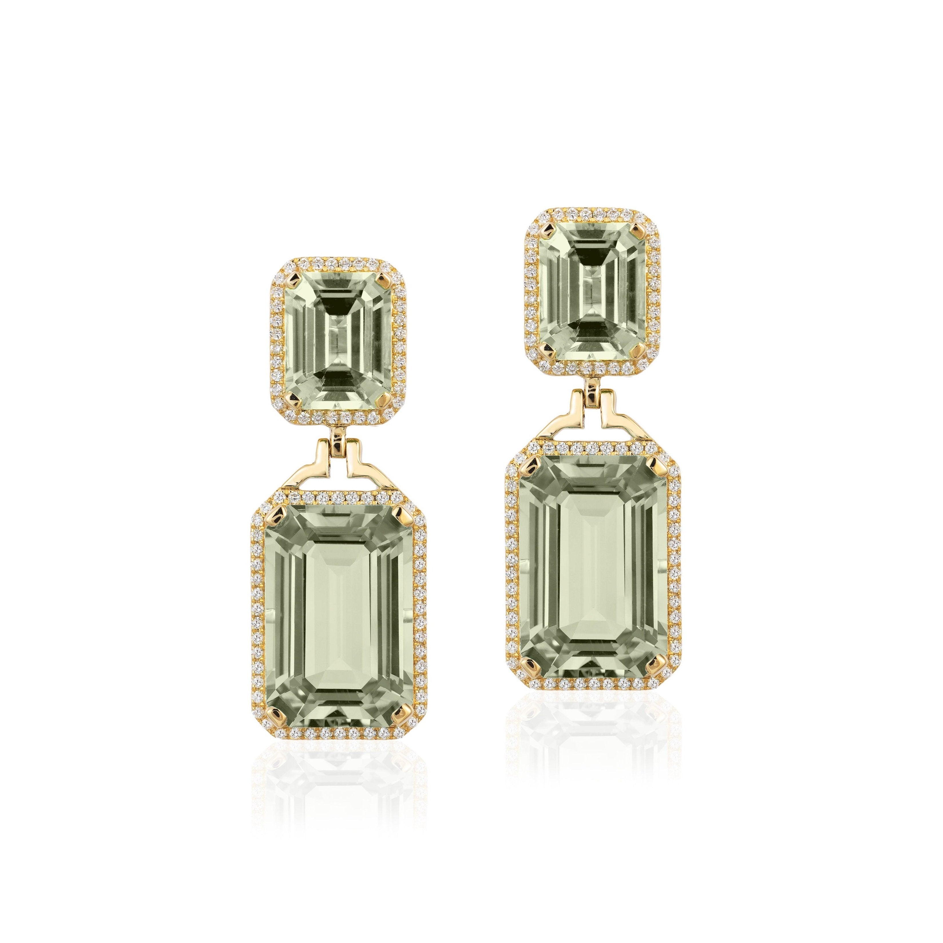 Prasiolite Emerald-Cut Earrings with Diamonds Drop Earrings Goshwara