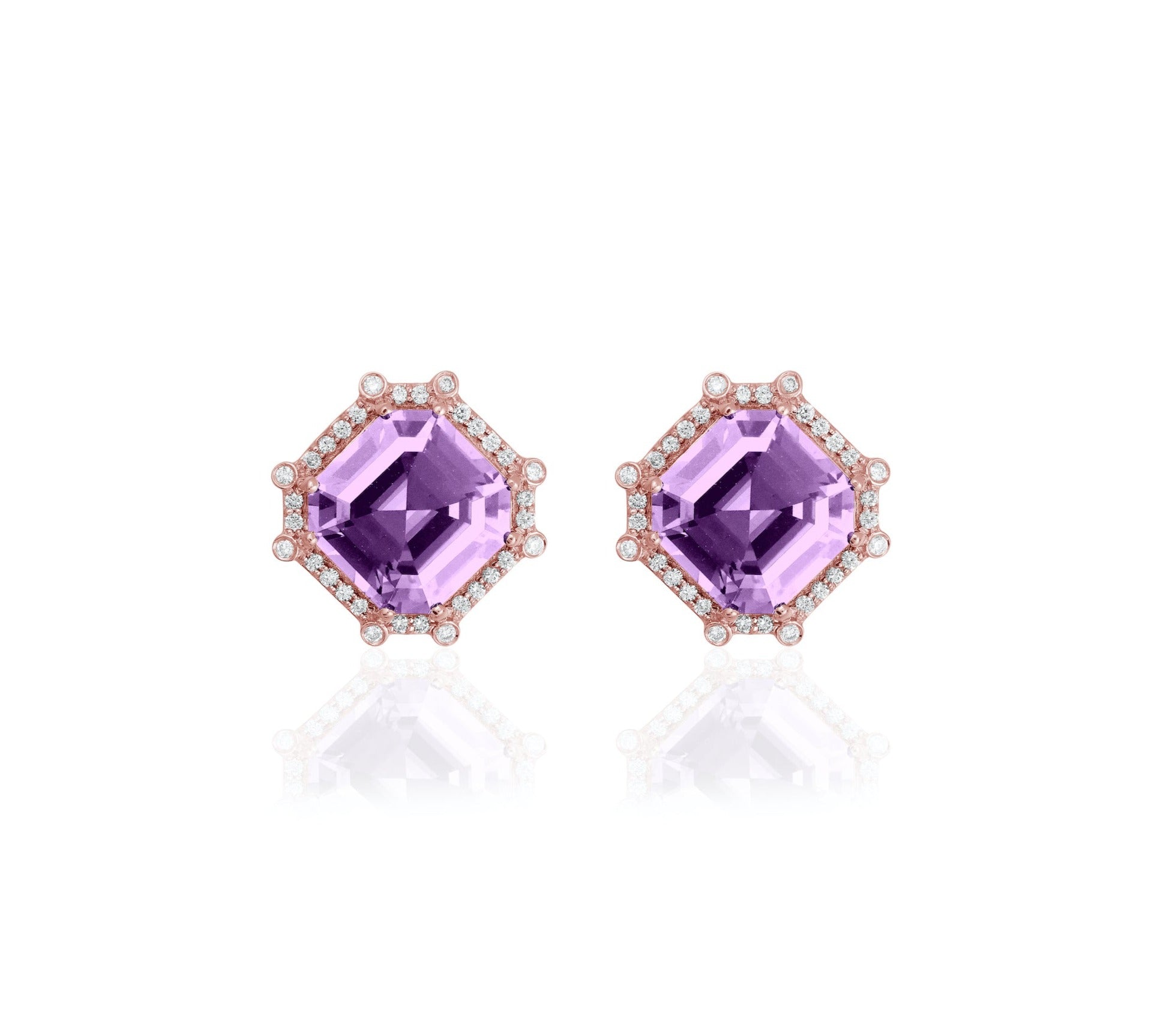 Amethyst Asher-Cut Studs with Diamonds Studs Goshwara   