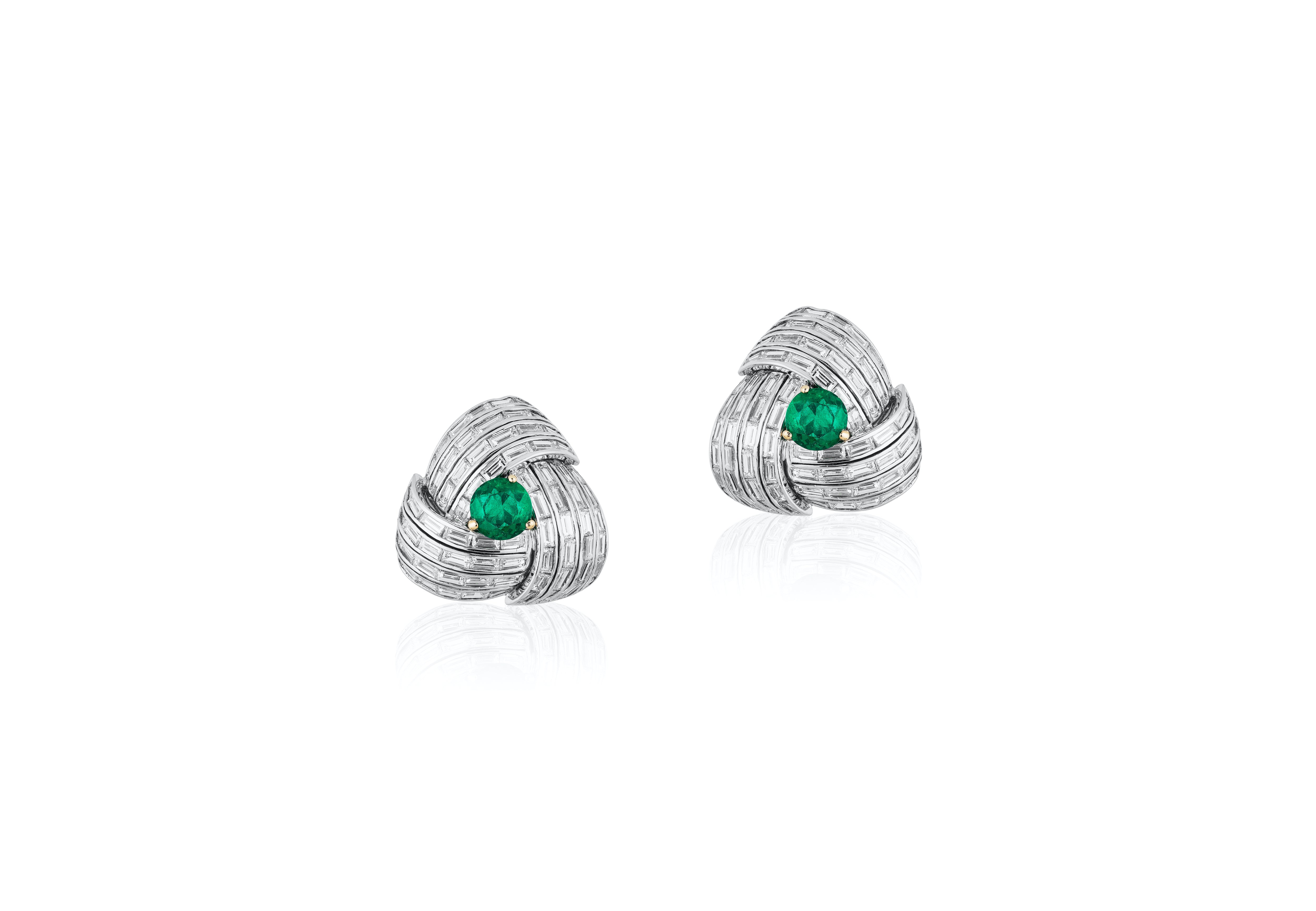 G-One Diamond Baguette and Emerald Earring in Platinum Studs Goshwara   
