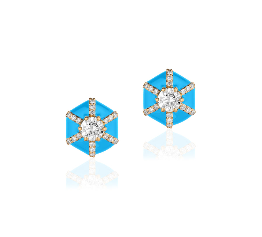 Hexagon Diamonds & Turquoise Enamel Stud Earrings Studs Goshwara   