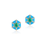 Hexagon Emerald & Turquoise Enamel Stud Earrings with Diamonds Studs Goshwara   