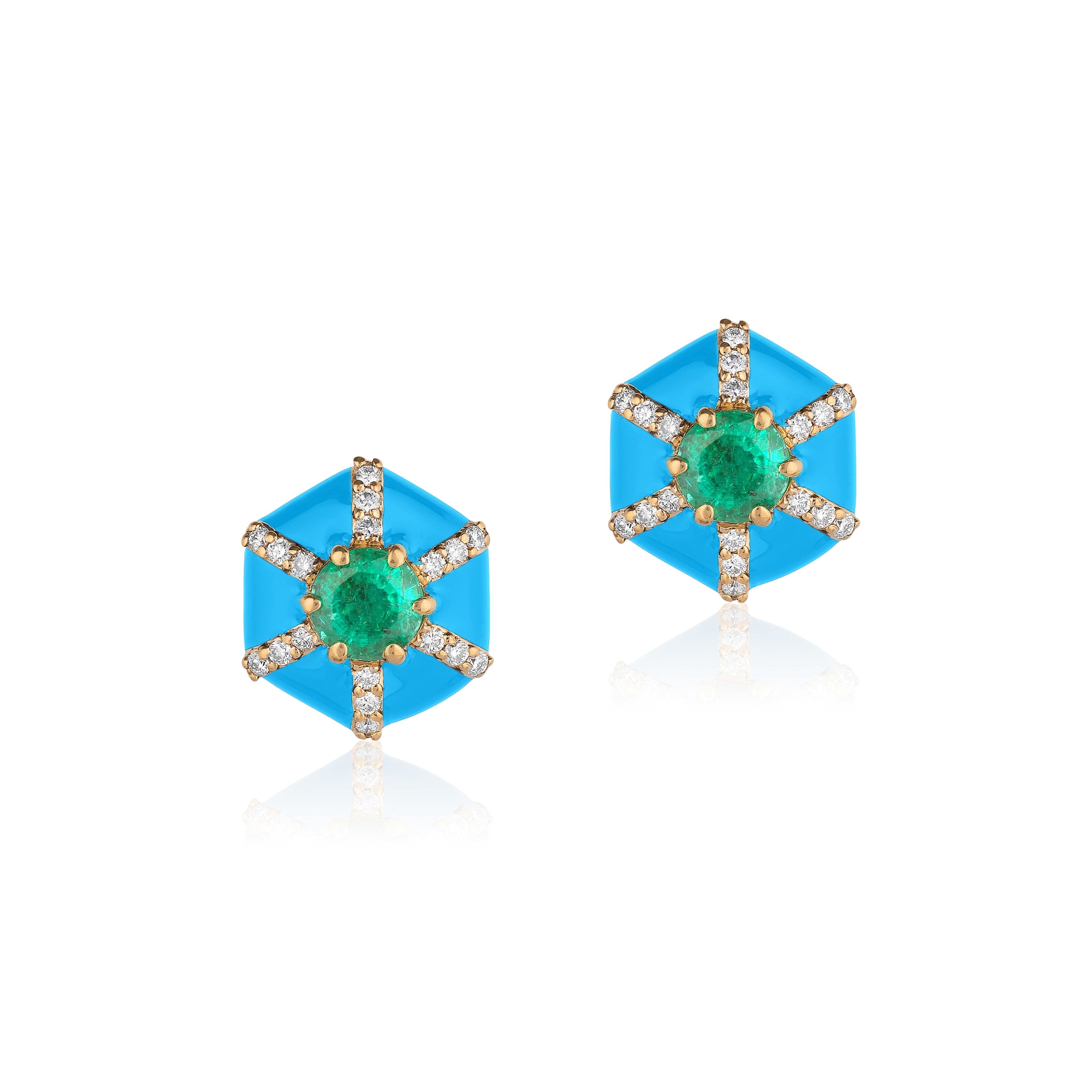 Turquoise Hexagon Studs with Diamonds Stud Earrings Goshwara