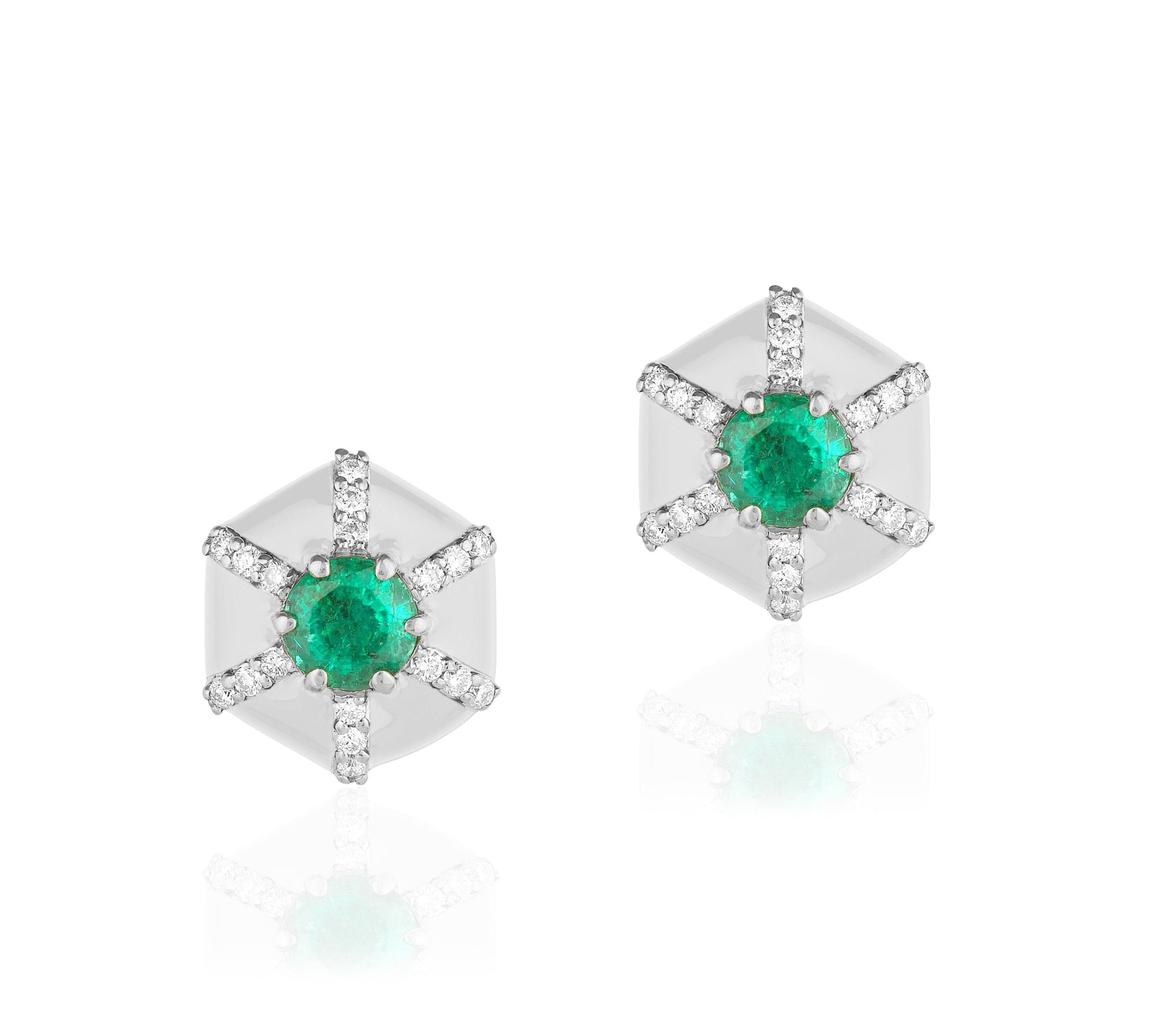 Hexagon Emerald Diamond Studs Stud Earrings Goshwara White Gold