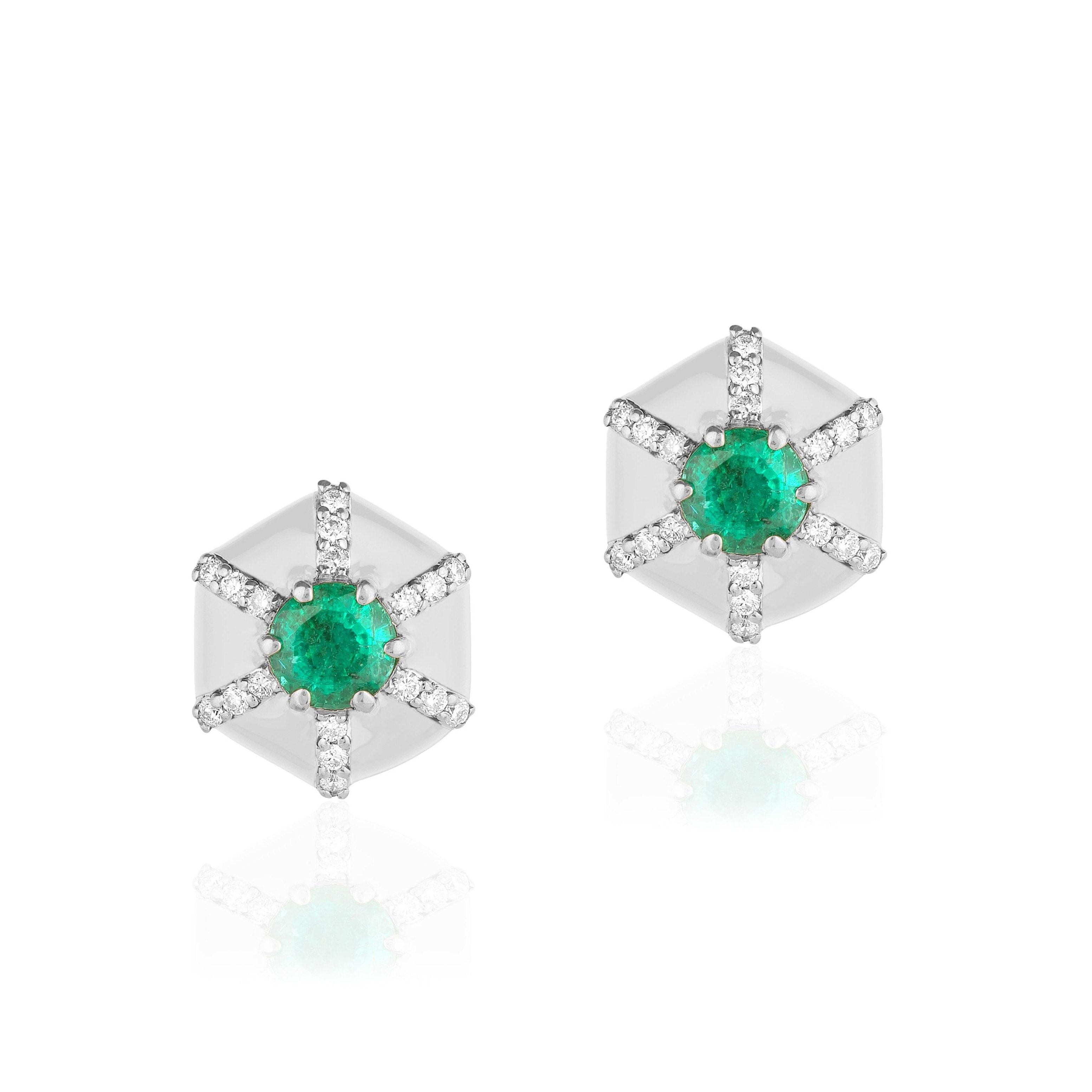 Hexagon Emerald Diamond Studs Stud Earrings Goshwara White Gold