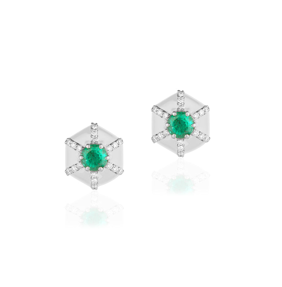 Hexagon Emerald & Diamond Stud Studs Goshwara White Gold  