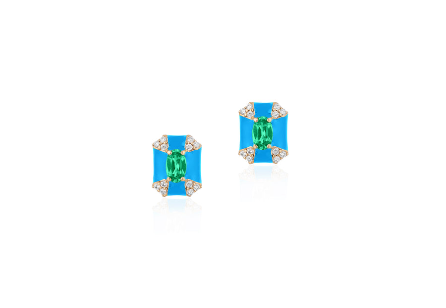 Rectangular Shape Emerald and Diamond Studs with Turquoise Enamel Studs Goshwara   