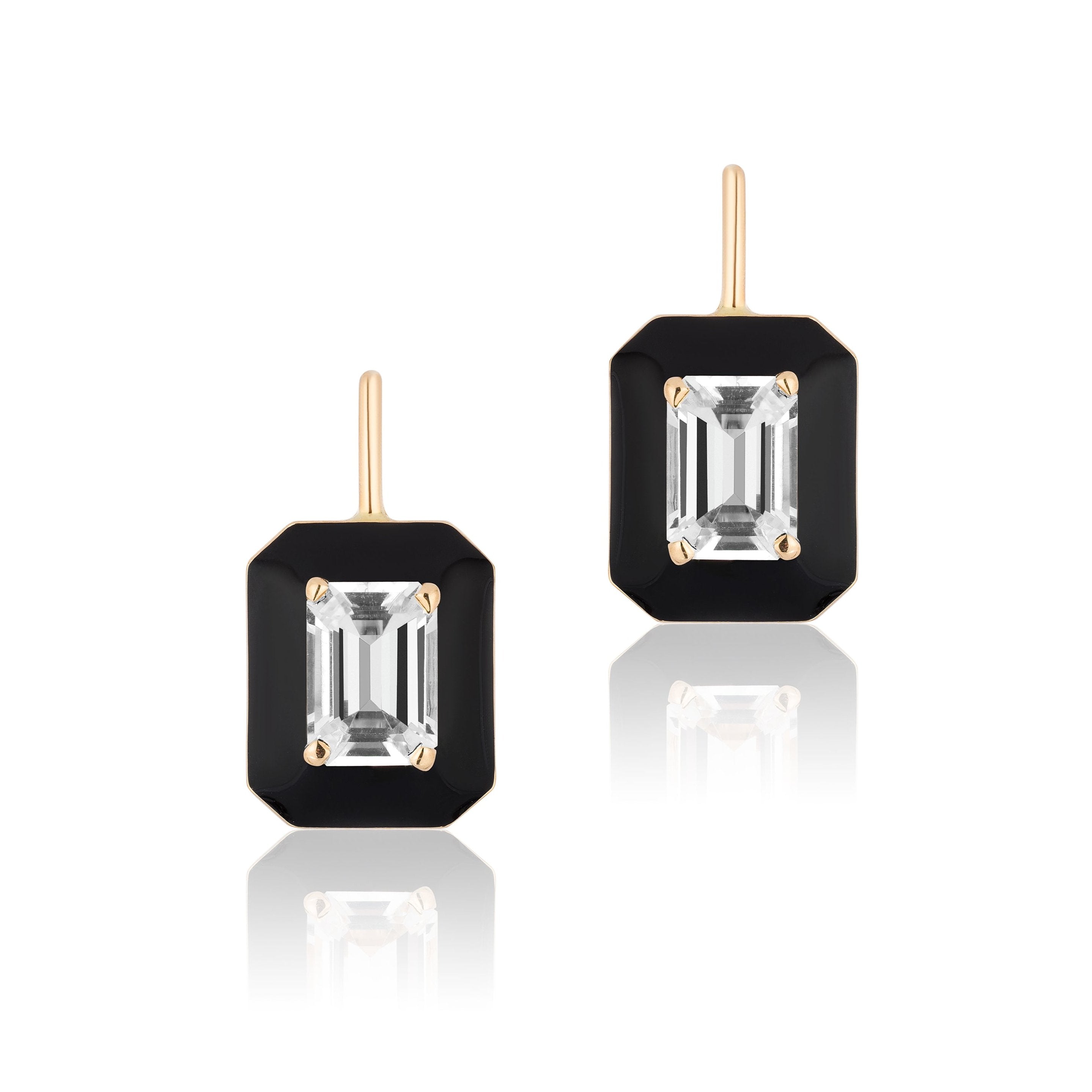 Rock Crystal Emerald-Cut Earrings with Black Enamel Drop Earrings Goshwara