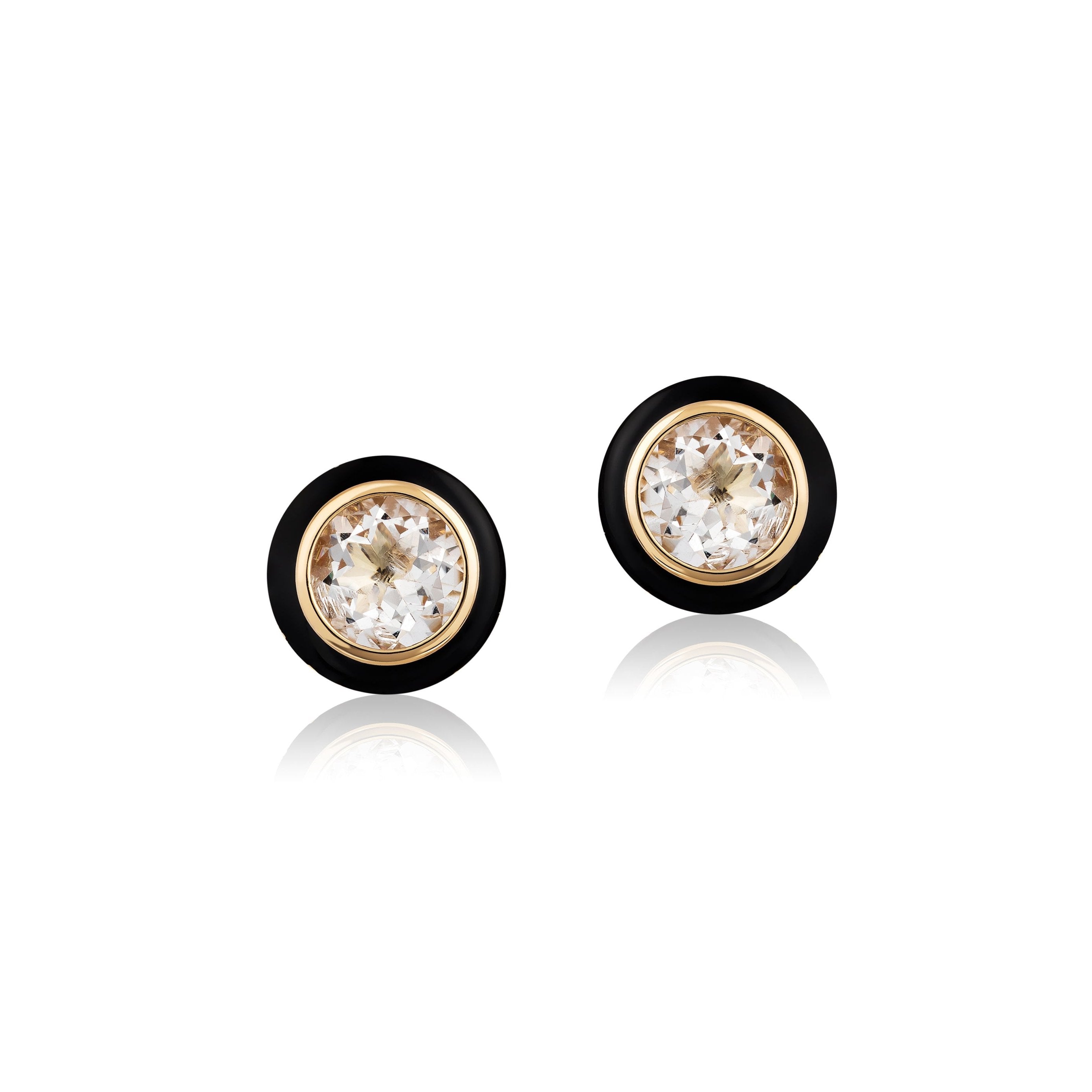 Rock Crystal Round Studs with Black Enamel Stud Earrings Goshwara