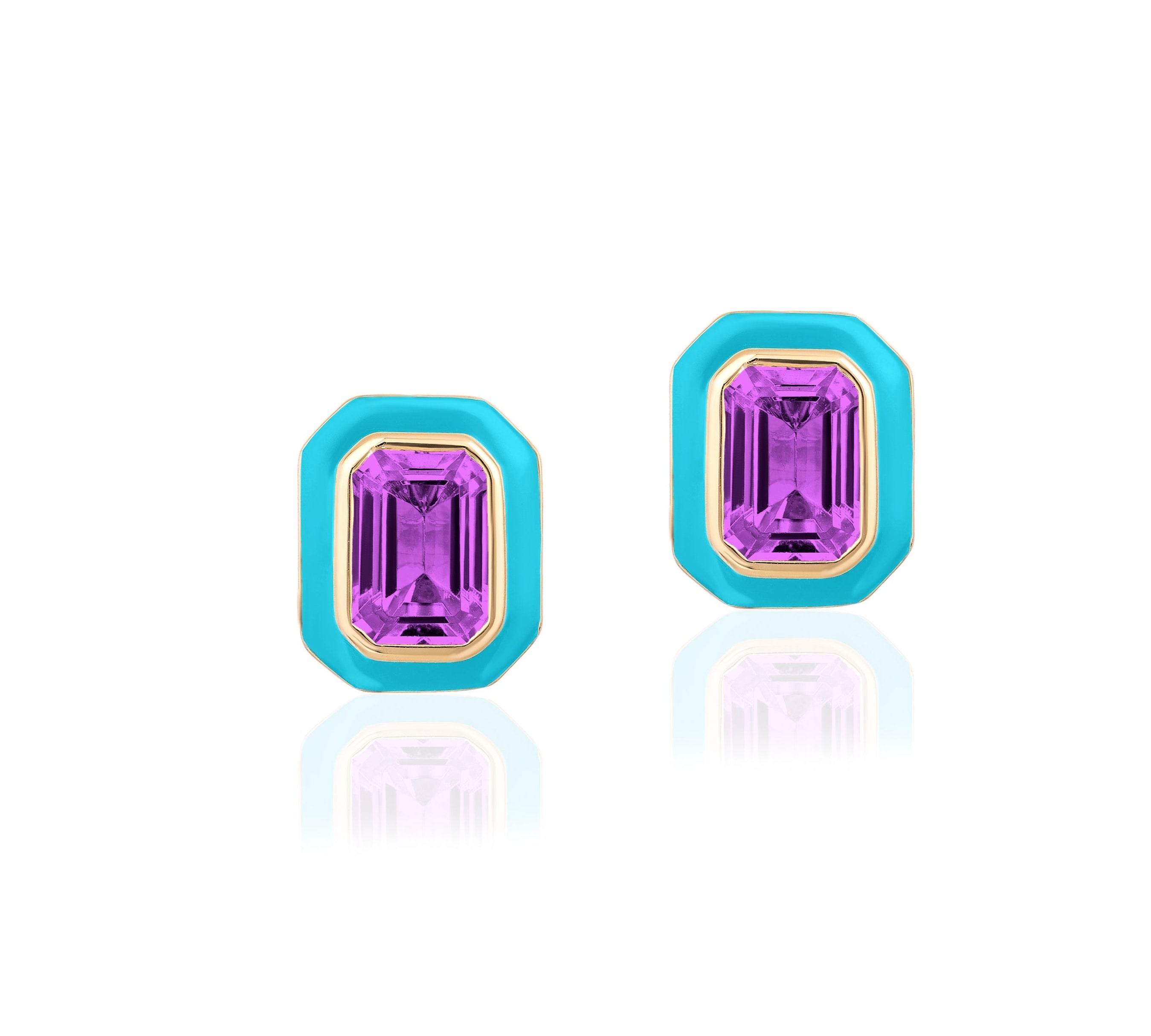 Amethyst Emerald-Cut Stud Earrings with Enamel Stud Earrings Goshwara