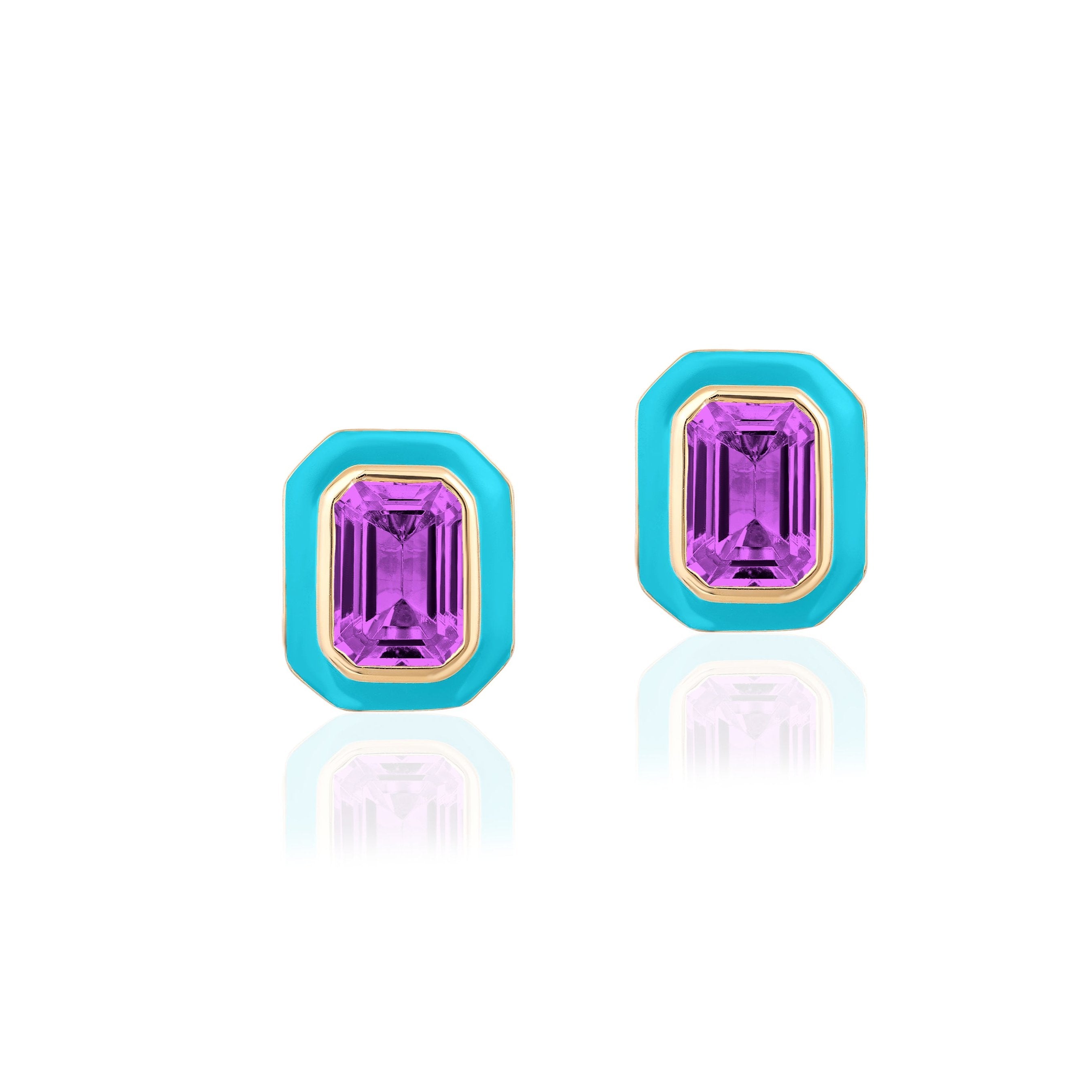 Amethyst Emerald-Cut Stud Earrings with Enamel Stud Earrings Goshwara
