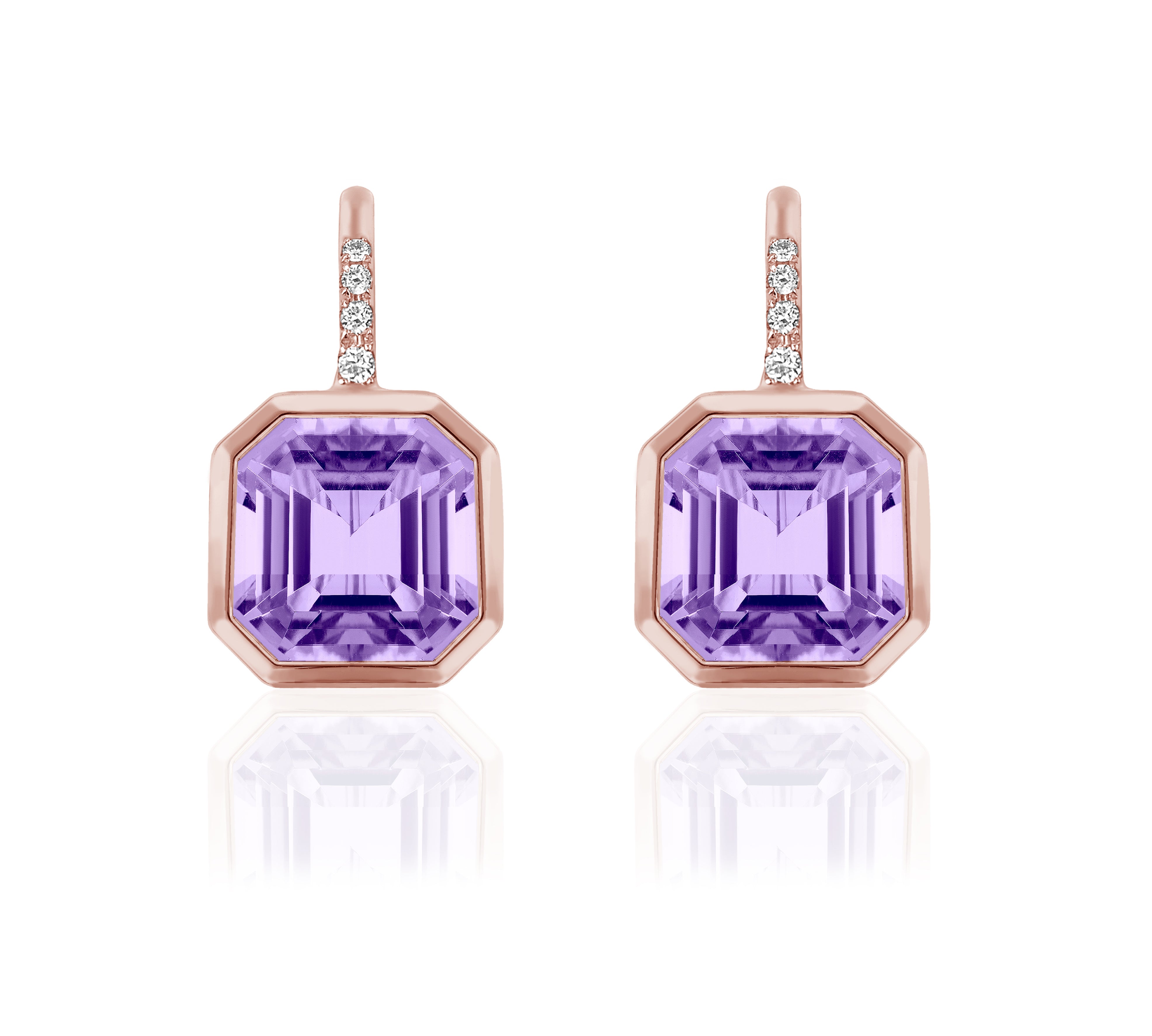 Asscher Cut Lavender Amethyst Earrings on Wire with Diamonds Drop Goshwara   