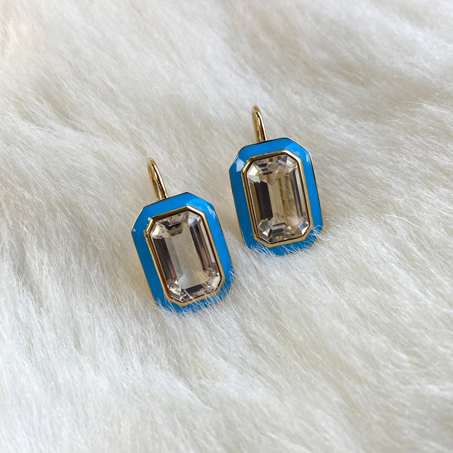 Rock Crystal Emerald Cut Earrings with Turquoise Enamel Earrings Goshwara   