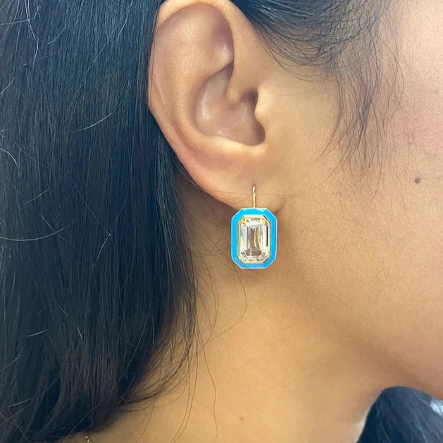 Rock Crystal Emerald-Cut Earrings with Enamel Earrings Goshwara