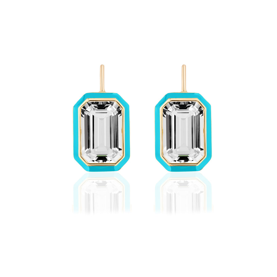 Rock Crystal Emerald Cut Earrings with Turquoise Enamel Earrings Goshwara   