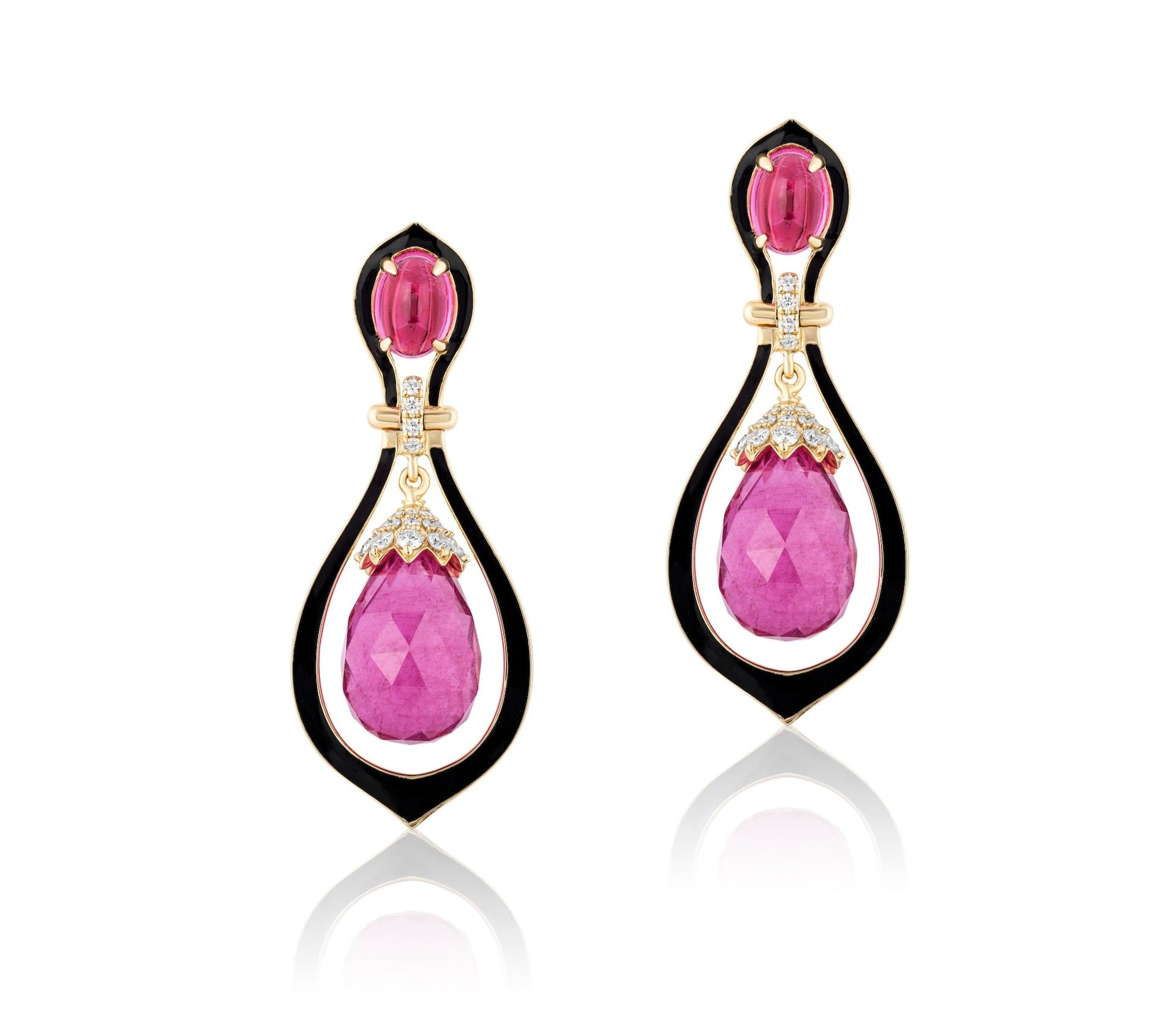 Carved Ruby Earrings with Enamel Drop Goshwara   