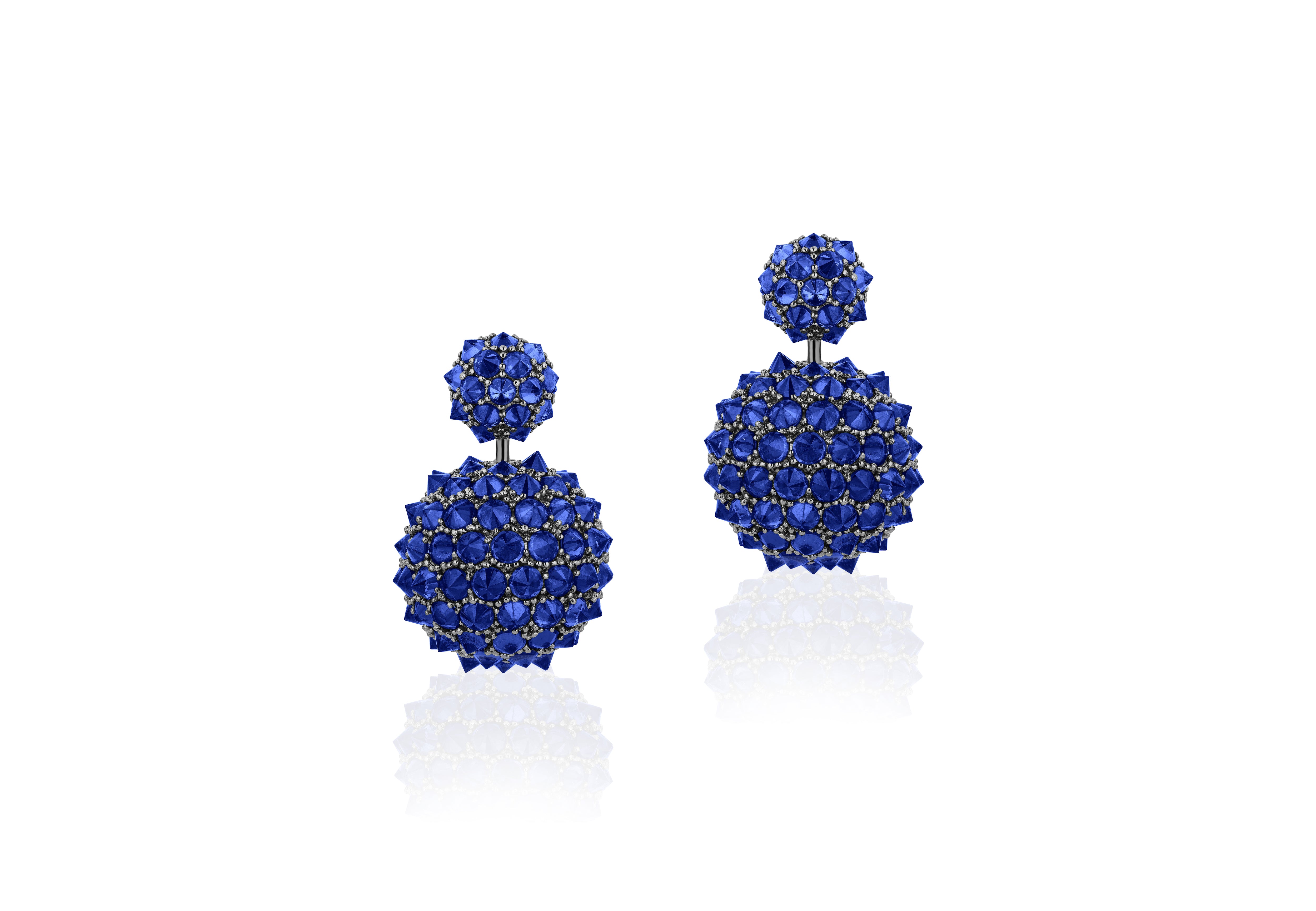 Blue Sapphire Double Ball Drop Earrings Statement Goshwara   