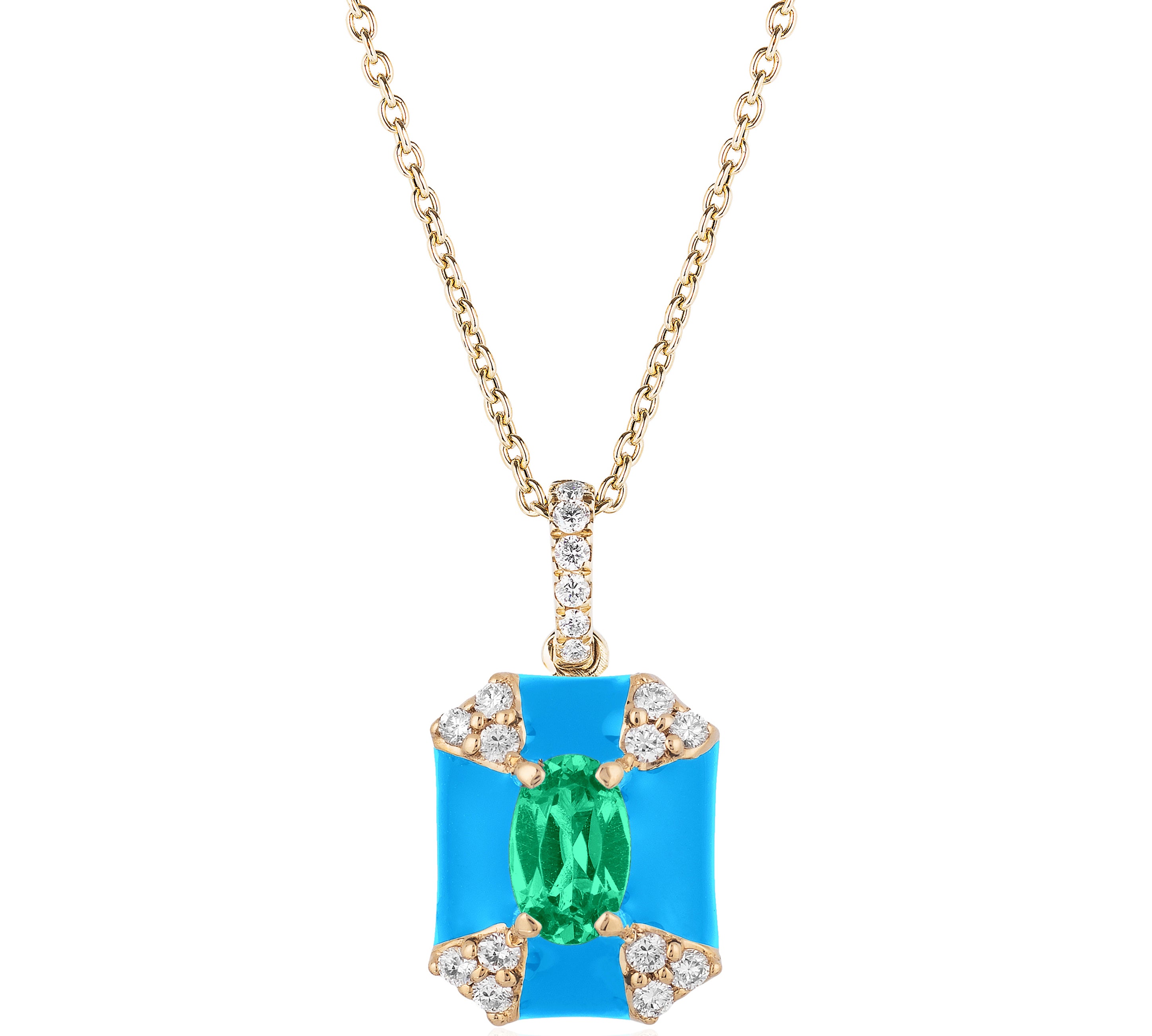 Octagon Turquoise Enamel Pendant with Emerald and Diamonds Pendant Goshwara   