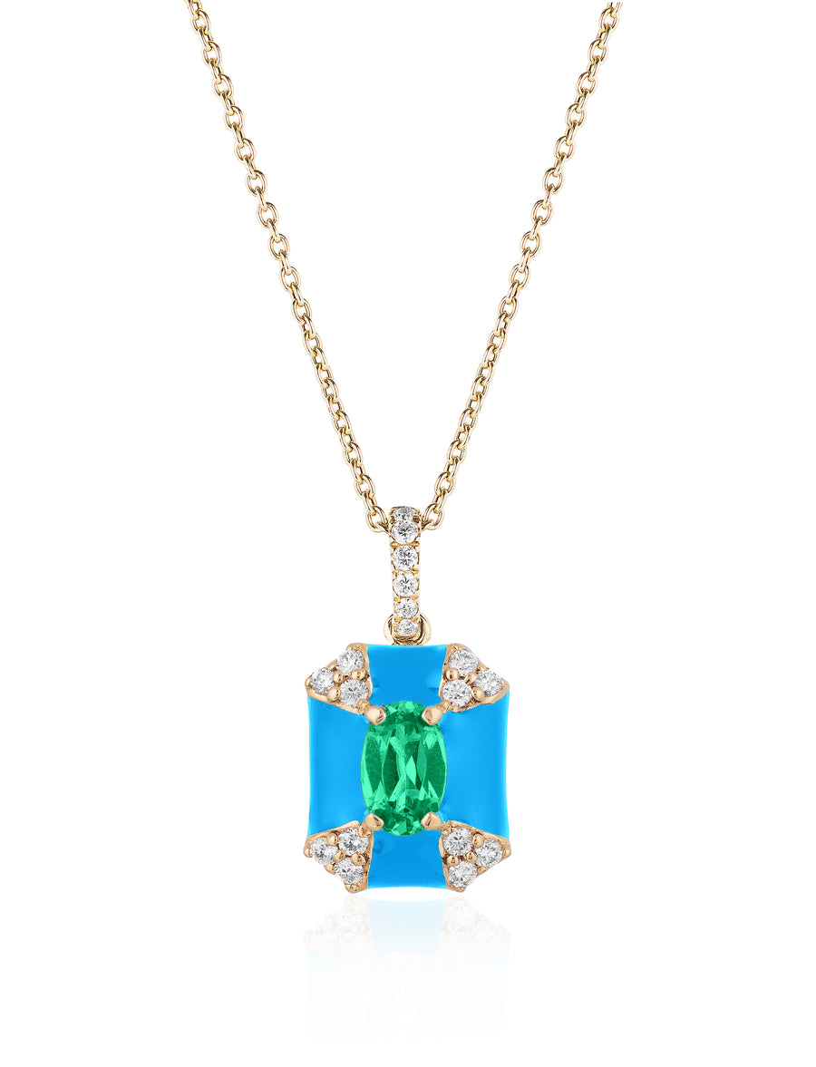 Octagon Turquoise Enamel Pendant with Emerald and Diamonds Pendant Goshwara   