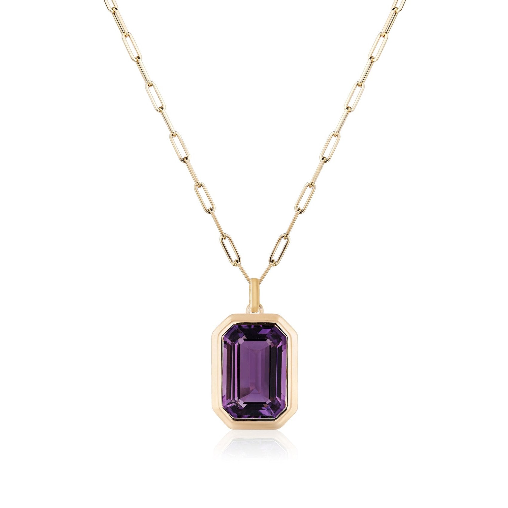 Emerald-Cut Bezeled Stone Pendant Necklace Pendant Necklace Goshwara Amethyst