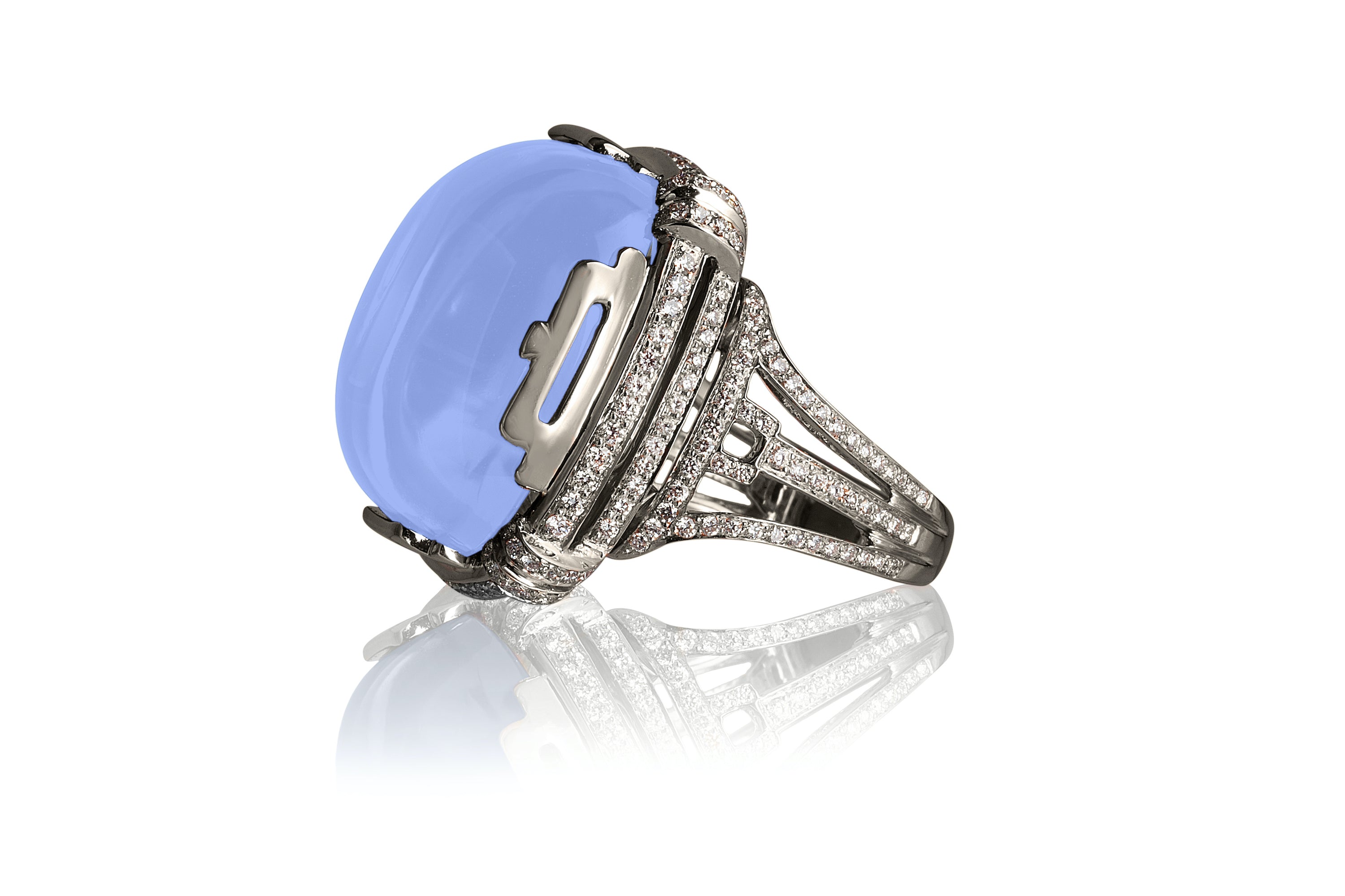 Rock N Roll Blue Chalcedony Large Cushion Cabochon Ring in 18K White Gold Cocktail Goshwara   