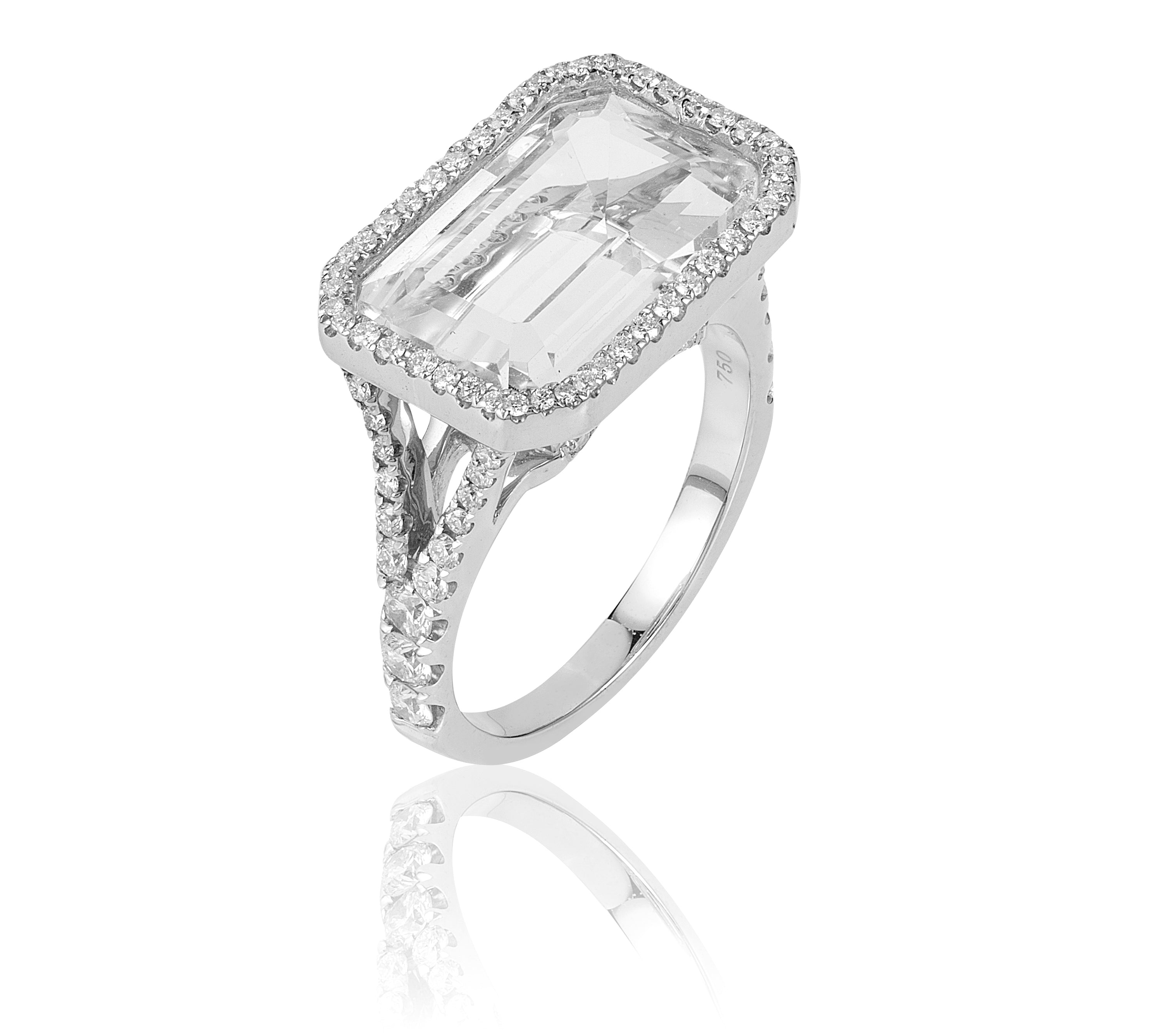 Rock Crystal East-West Emerald Cut Ring With Diamonds Cocktail Goshwara   